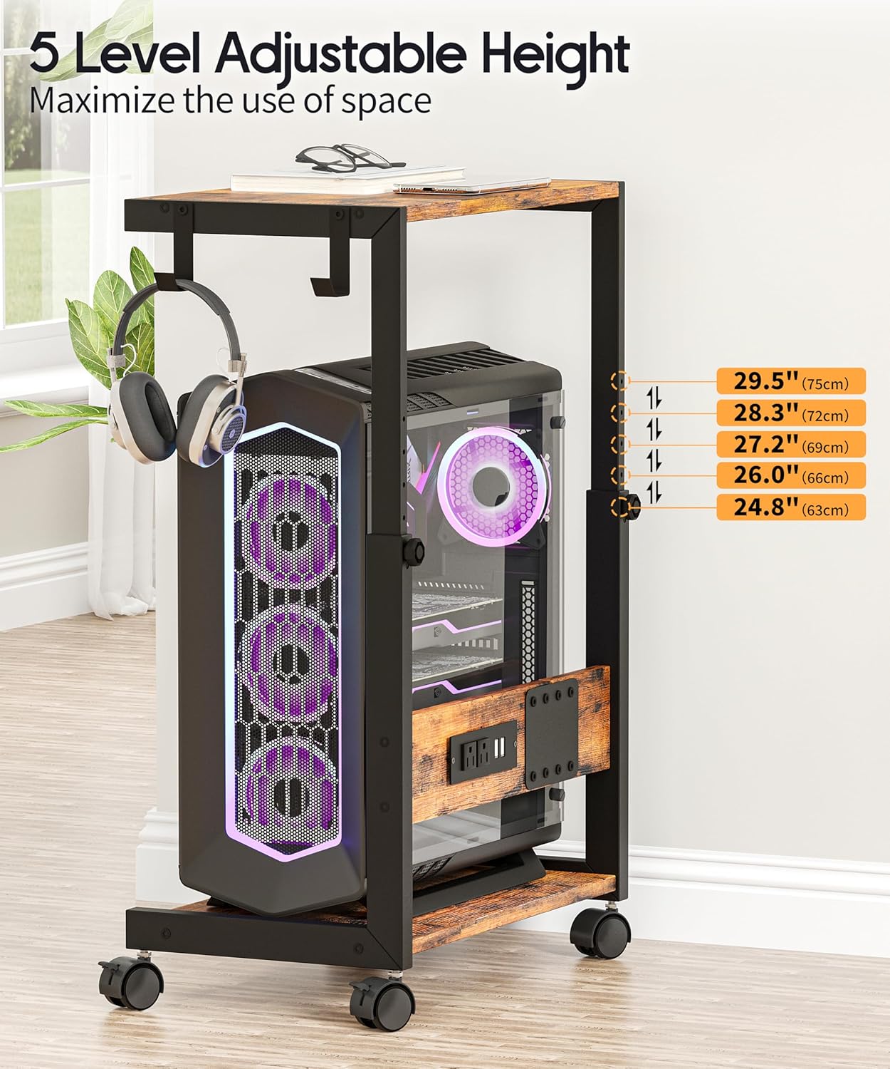 Height Adjustable Computer Tower Stand with Charging Station, 2 Tier Mobile Floor PC Stand, CPU Holder Cart for Carpet, Rolling Printer Stand with Hooks, Rustic Brown