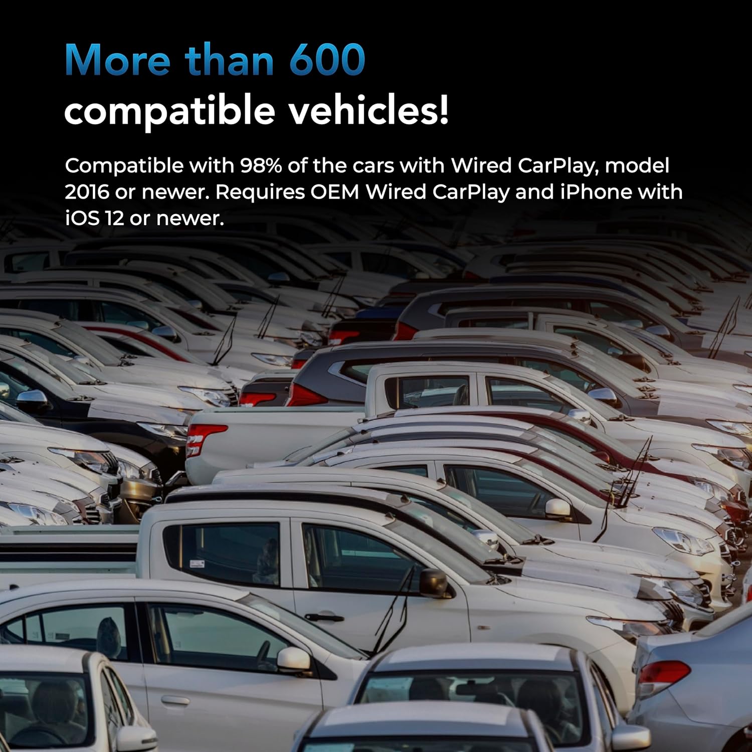 Image of numerous cars in a parking lot, representing the wide compatibility of the AutoSky Wireless CarPlay Adapter.