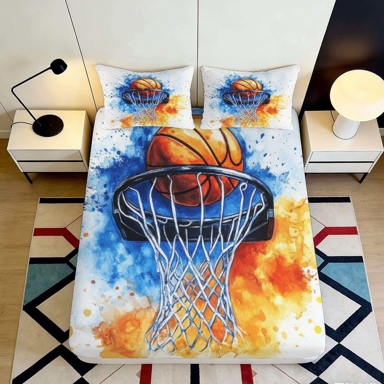 Jqzkxnhpbr Style-2 3D Printed Basketball Hoop Fitted Sheet Microfiber Orange Blue Mattress Cover For Bedroom Dorm Youth Adult Decor 90X200x25cm
