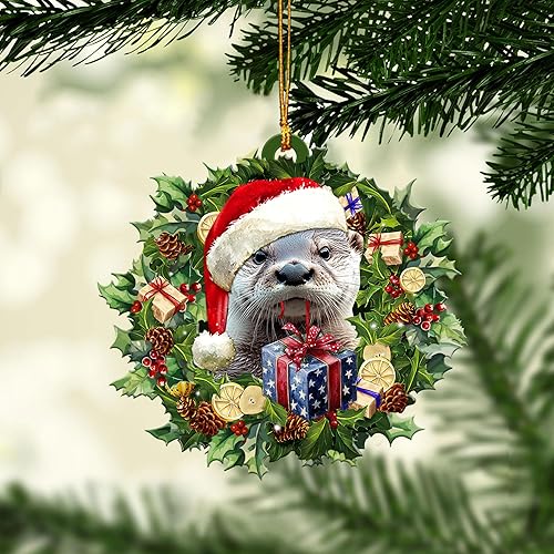 Talataca Otters Wearing A Christmas Hat Wreath Animal Lover 2D Flat Car Back Mirror Accessories Christmas Tree Ornament Decor Hanging Charm Interior