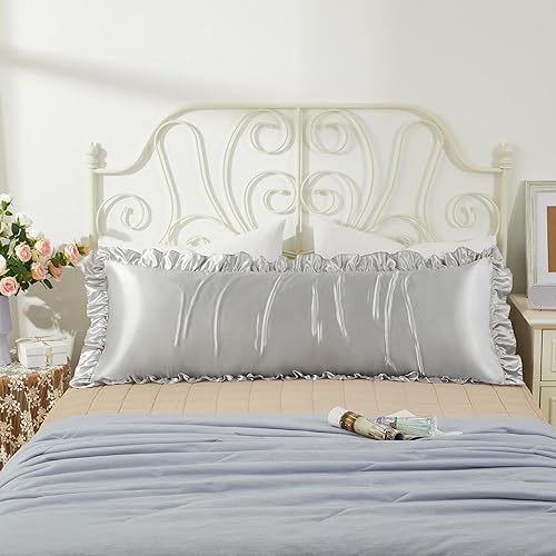 Miniatura 9 de HommxJF Juego de 2 fundas de almohada de satén sedoso con volantes para cabello y piel fundas de almohada de seda color rojo vino estándar con