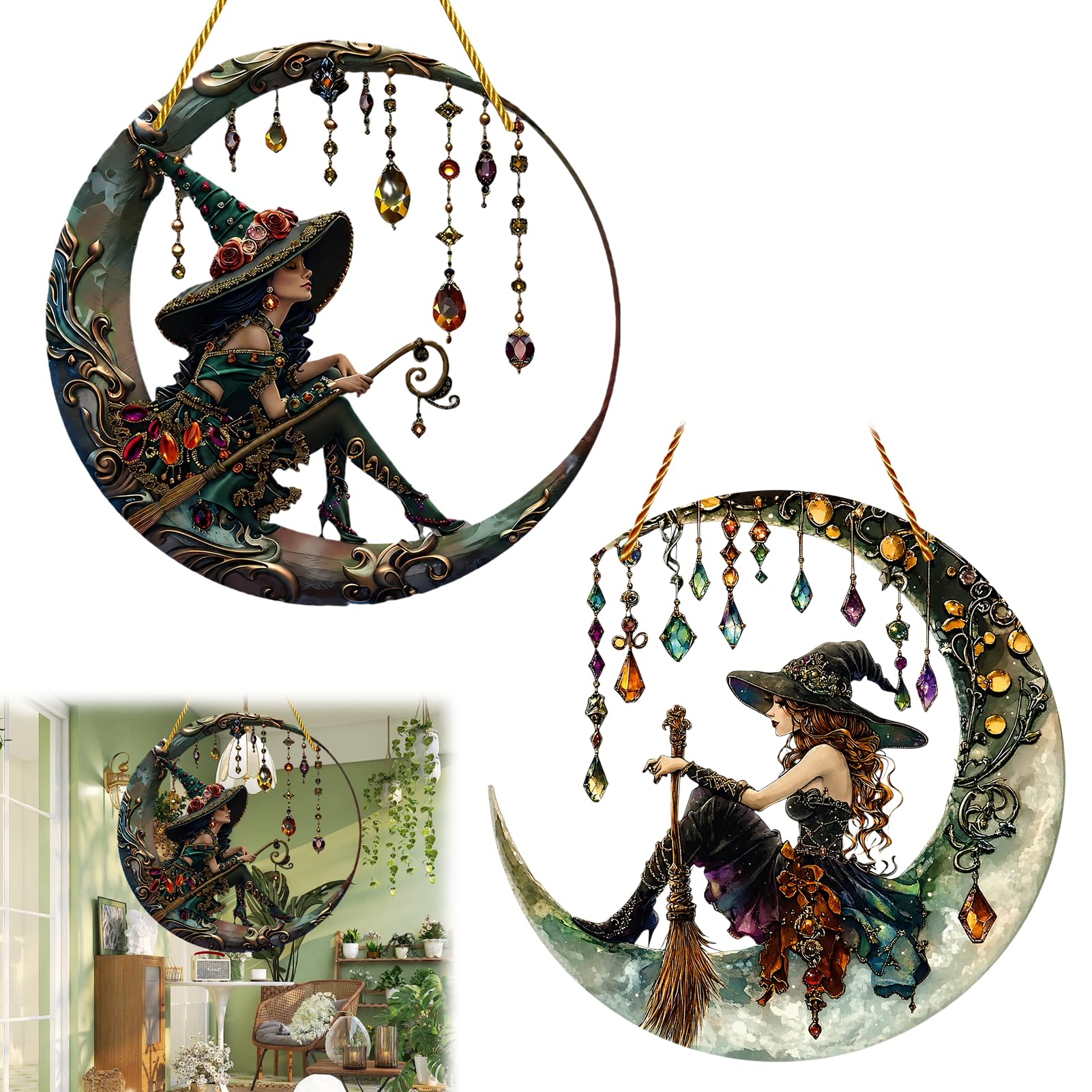 2Pcs Gothic Sun Catchers, Acrylic Moon Witch Design,Witch Sun Catchers for Windows, Acrylic Sun Catcher Window Decorations for Home Garden (20x20 Cm)