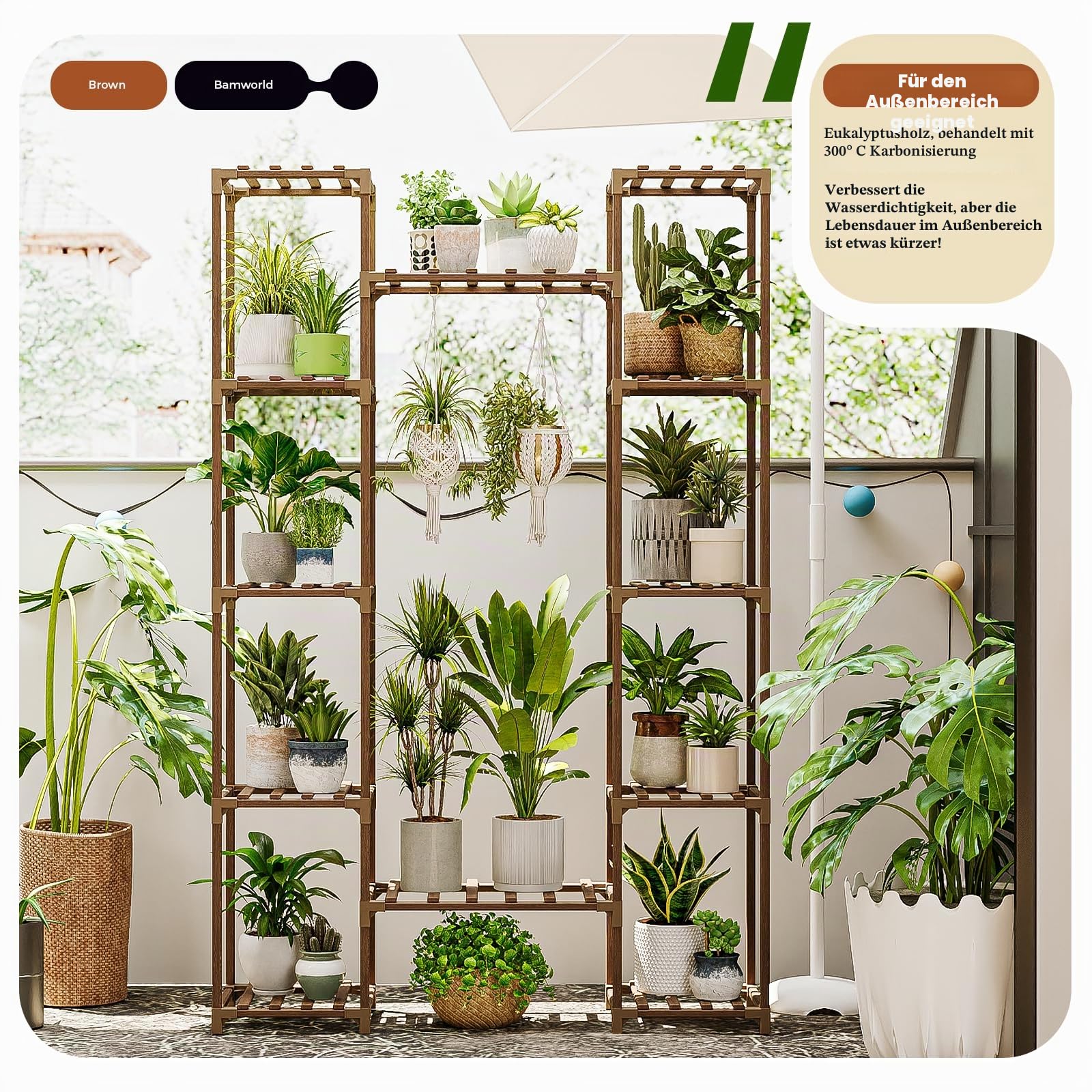 Bamworld Hoher Pflanzenständer Indoor Großes Pflanzenregal Outdoor Eckpflanzenhalter für mehrere Pflanzen Blumenständer für Wohnzimmer, Balkon und Garten