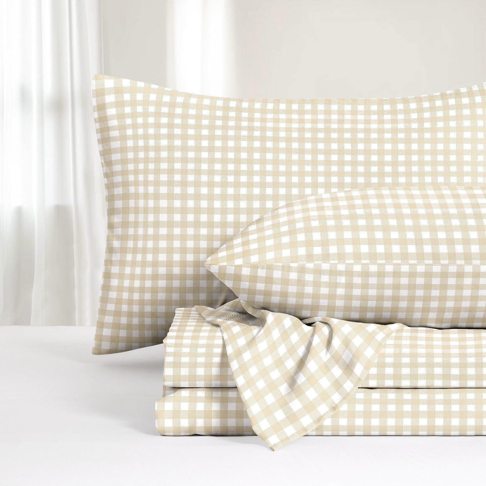 Wake In Cloud - Gingham Bed Sheets 4-Piece Sheet Set Plaid Checkered Check Pattern Printed Cute Preppy College