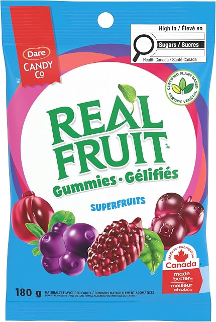 REALFRUIT Superfruits Gummy Candy - Fabriqué avec Real Fruit, Végétaux, gluten & Snack sans arachide pour adultes et enfants, Fièrement Canadian Company, Cranberry, Currant noir, Blueberry et Blackberry, 180g
