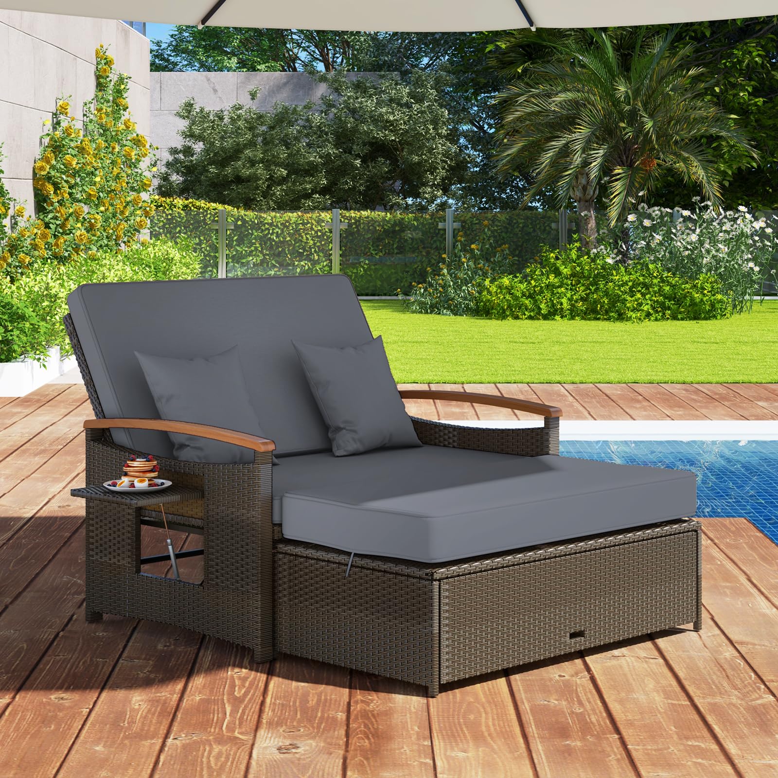 GIANTEX Divano da Giardino in Rattan a 2 Posti con Funzione Allungata, Set di Mobili in Rattan con Sgabello, Doppia Sedia a Sdraio per 2 Persone, 3 Colori (Cuscino Grigio)