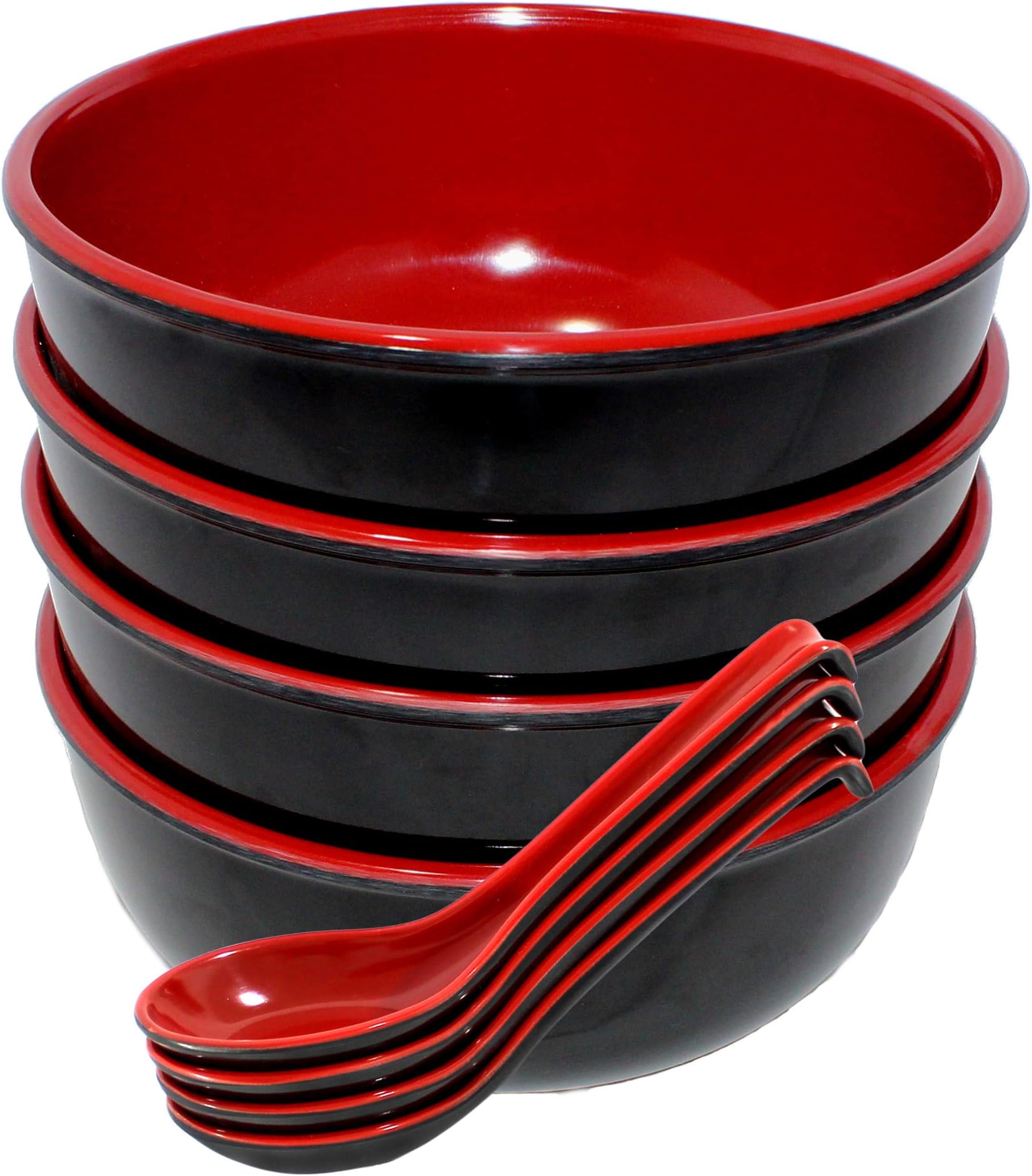 VERSAINSECT t of Four Large Melamine Noodle Soup Bowls and Spoons Red and Black 42 Ounce