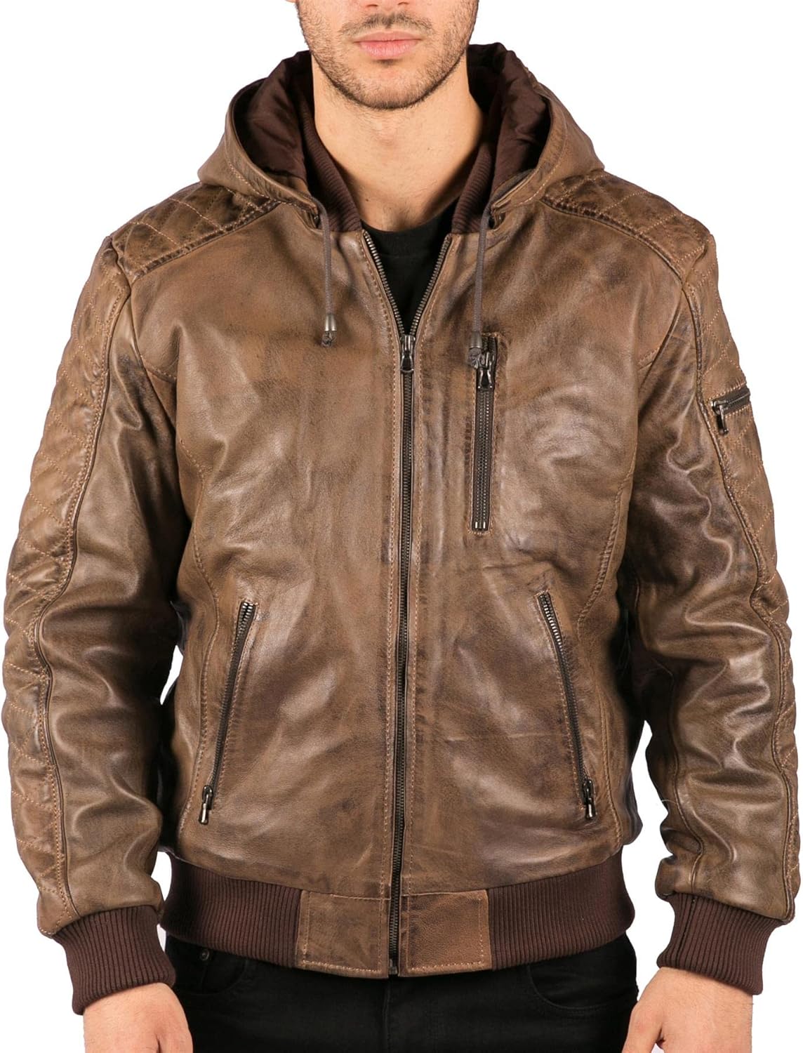 TruClothing Men's Bomber Jacket Outwear Windproof Winter Distressed Real Leather Jackets Coat Hood