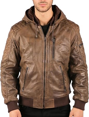 TruClothing Mens Bomber Jacket Outwear Windproof Winter Distressed Real Leather Jackets Coat Hood