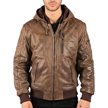 TruClothing Mens Bomber Jacket Outwear Windproof Winter Distressed Real Leather Jackets Coat Hood