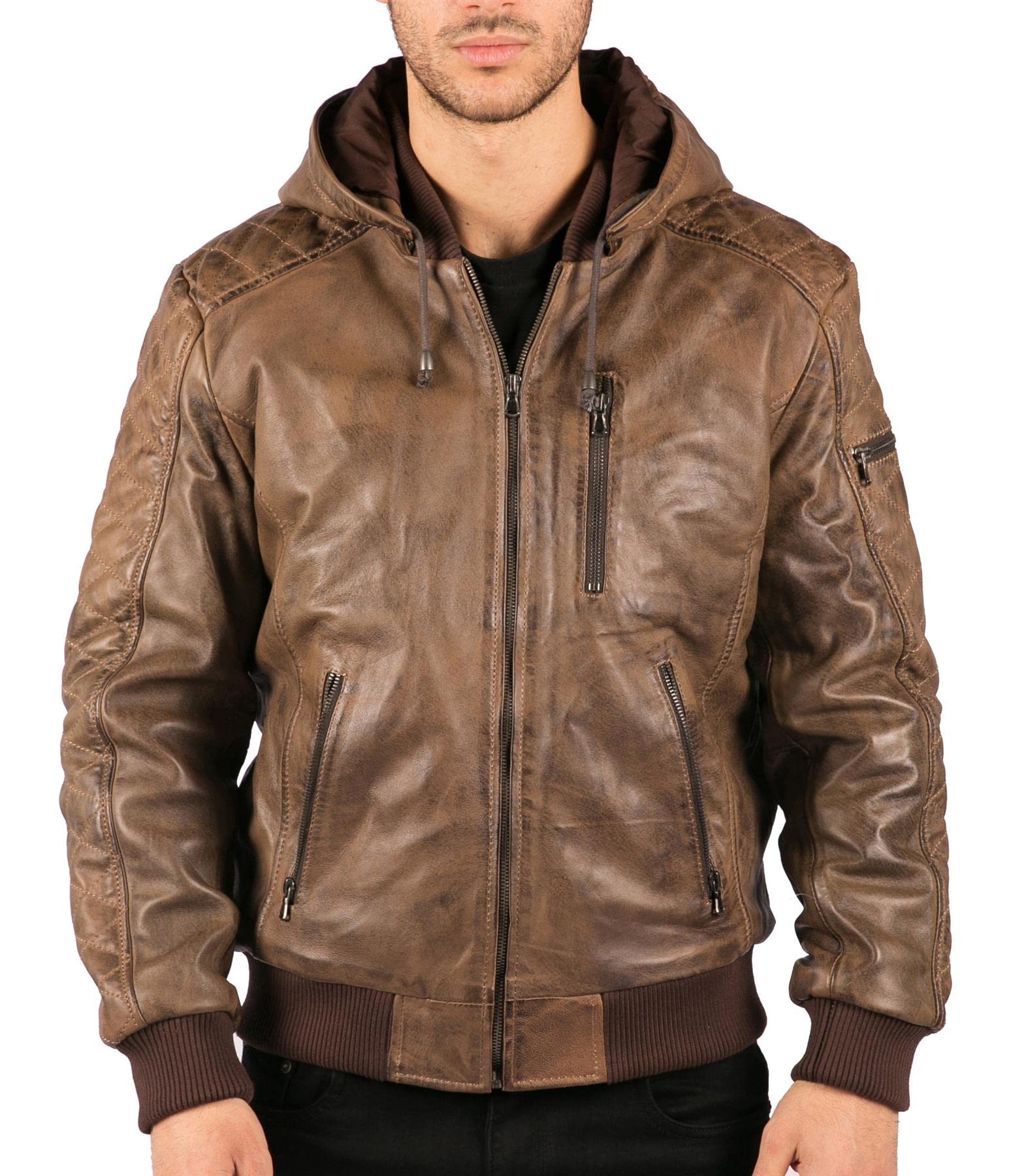 TruClothing Men's Bomber Jacket Outwear Windproof Winter Distressed Real Leather Jackets Coat Hood - Brown 6XL