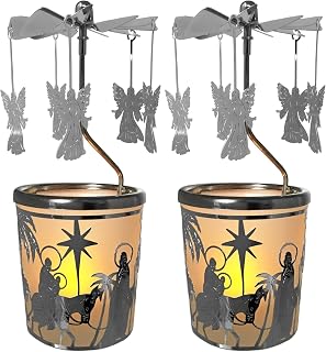 Spinning Angels Christmas Candle Holder - Holy Family Scene - Scandinavian Style -Measures 6.25" x 2.5" and Includes a Smokeless Candle. (Pack of 2)