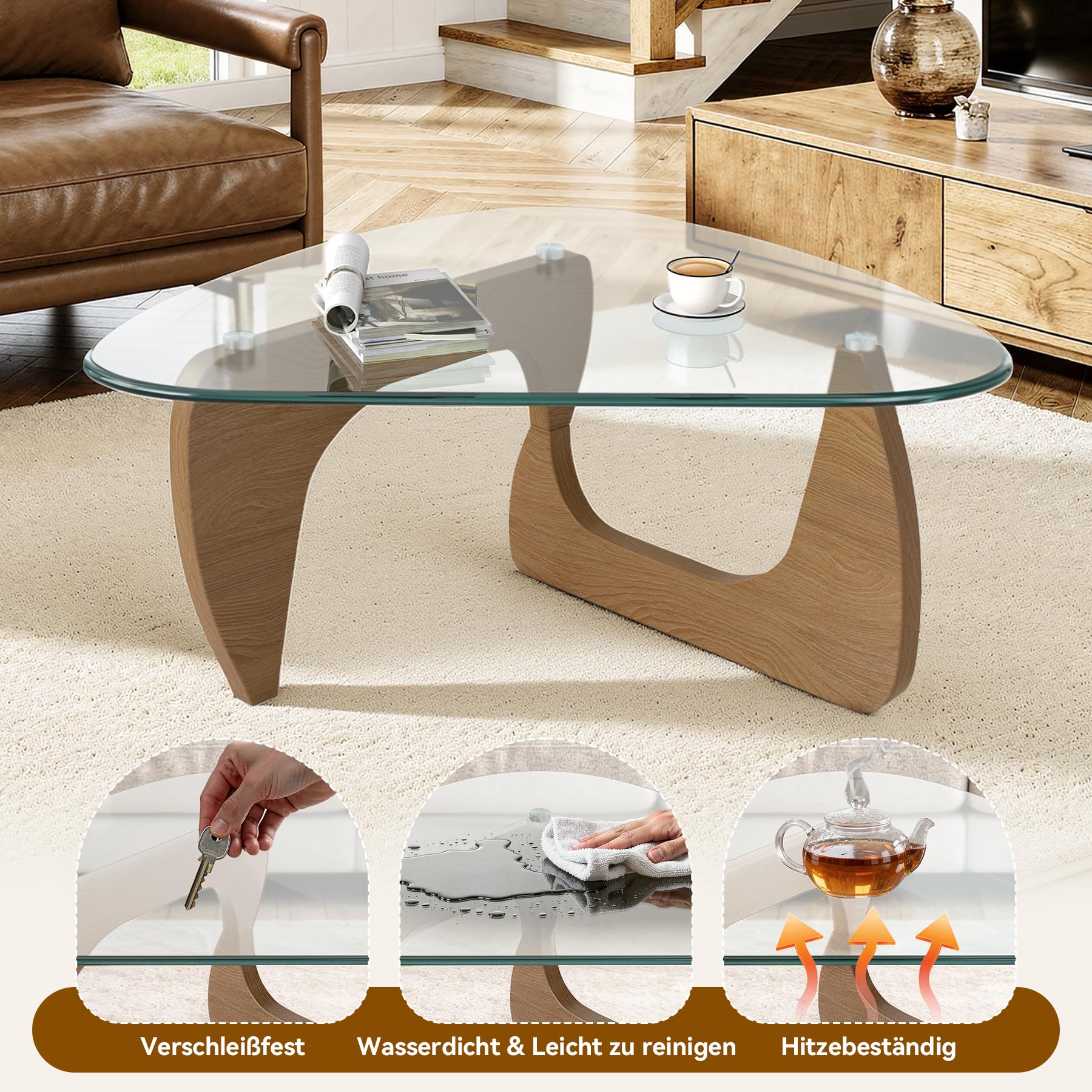 Beistelltisch Dreieckig Couchtisch Glas Transparent, Wohnzimmertisch im Skandinavischen Design, MDF Holz Beine Naturholz-Farbe, 90x60x43cm, Moderner Kaffeetisch Sofatisch Glastisch
