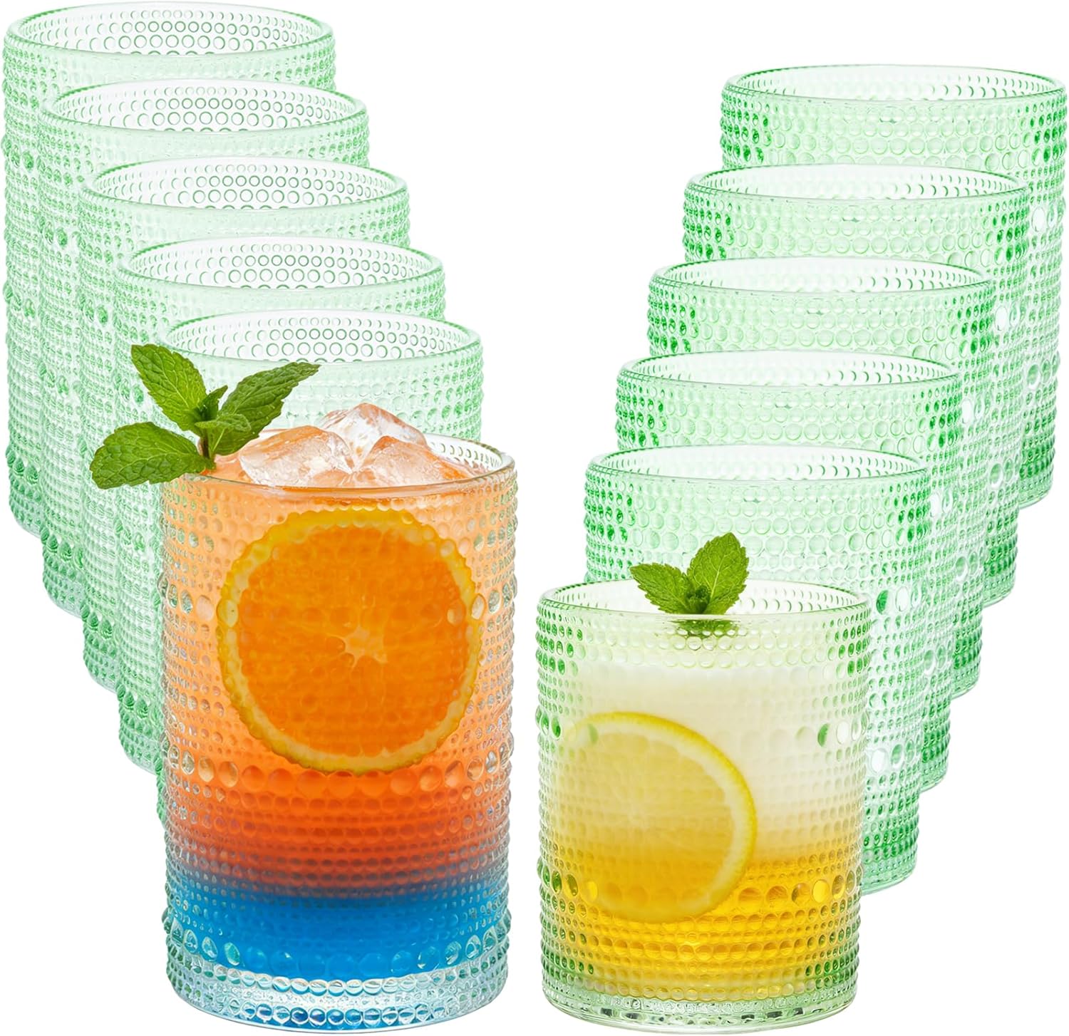 12 Pcs Golden Hobnail Beaded Drinking Glasses, 12 oz Vintage Glassware Set Romantic Water Glasses Tumbler, Water Cups, Clear Embossed Glassware Set for Beer, Juice, Cocktail, Soda, Beverages Amber