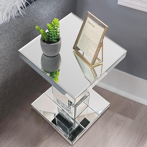 Miniatura 5 de GA Home Mesa auxiliar plateada con incrustaciones de cristal, mesa auxiliar moderna con espejo, mesa auxiliar cuadrada pequeña con espejo para sala