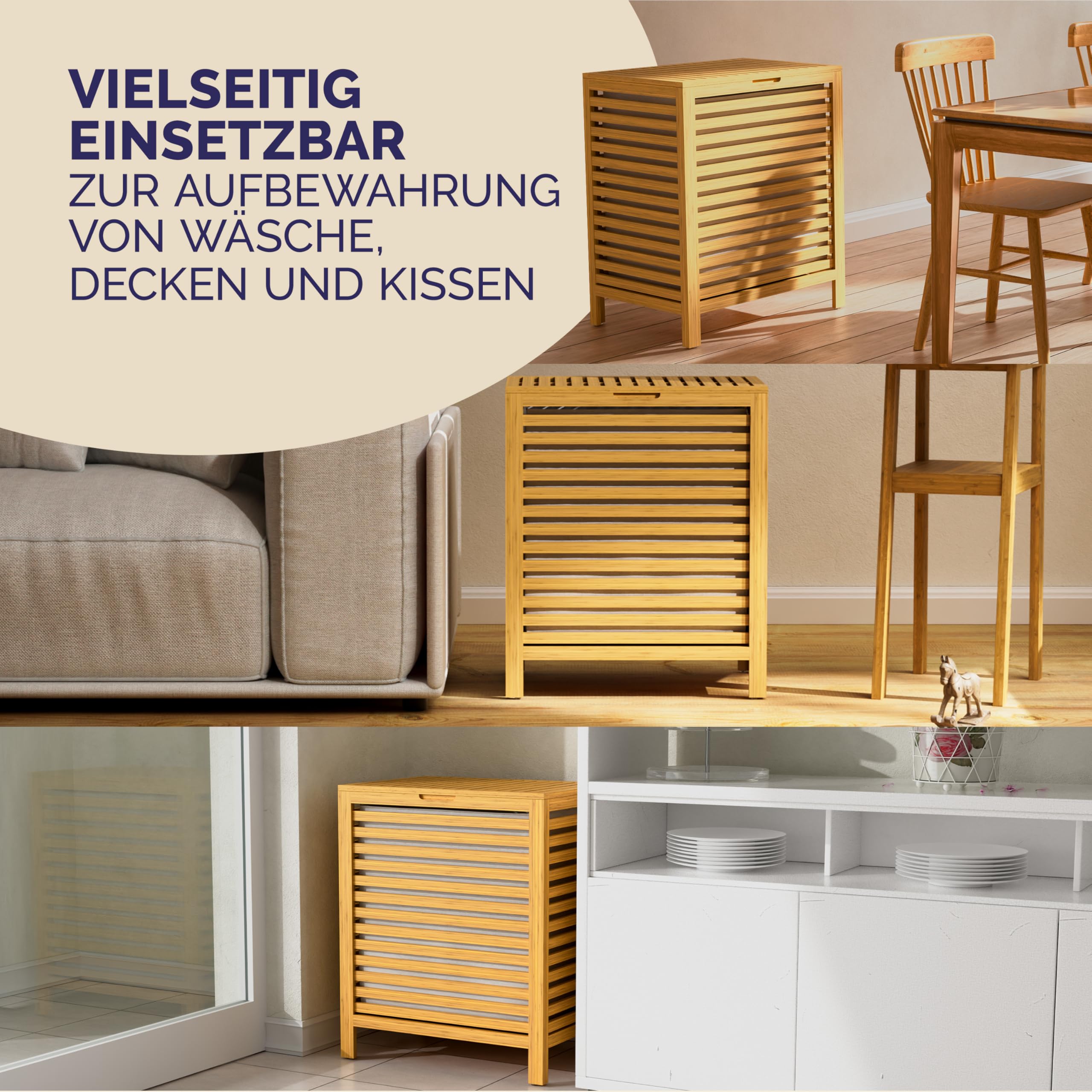 CASARIA® Wäschekorb mit Deckel Bambus Holz 70L Groß Wäschesammler Wäschesack Herausnehmbar Baumwolle 62x51x36cm Schmal Wäschebox Wäschetonne Badzimmer