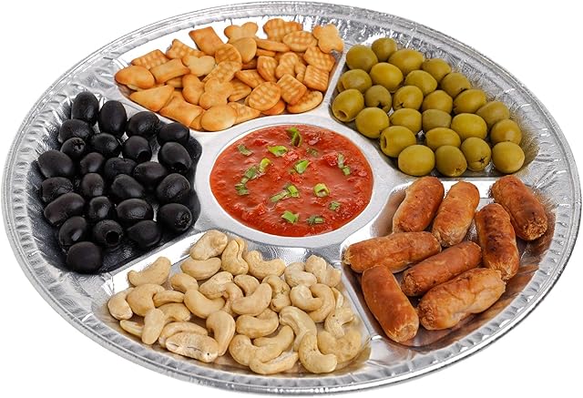 STACKABLES Pack of 3 Heavy Duty Foil Silver Compartment Trays 12" - Aluminium Round Serving Platter with 6 Compartments for Parties, Events and Weddings.