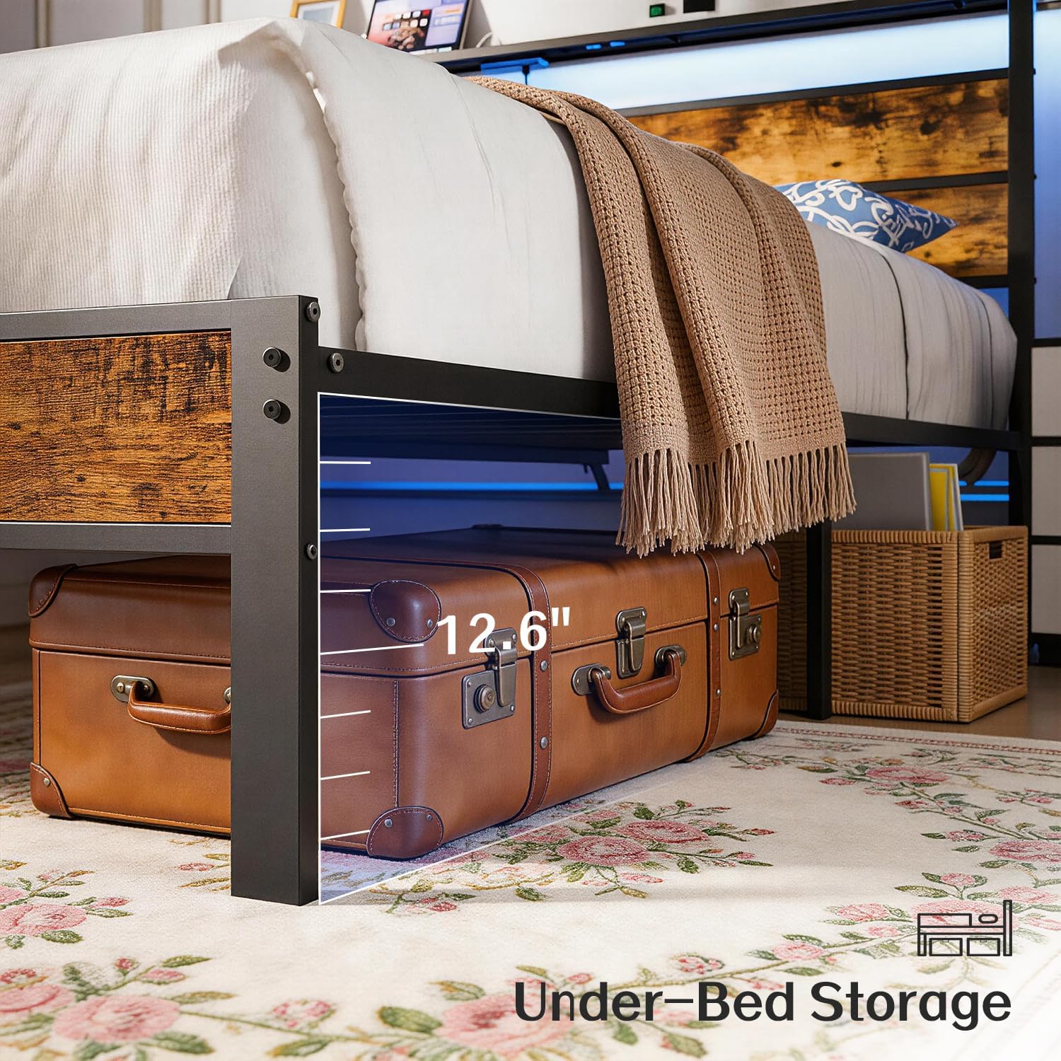 King Size Bed Frame with Storage Headboard, LED Lights USB C Charging Station, Heavy Duty Metal Platform, No Box Spring Needed, Noise Free & Easy Assembly