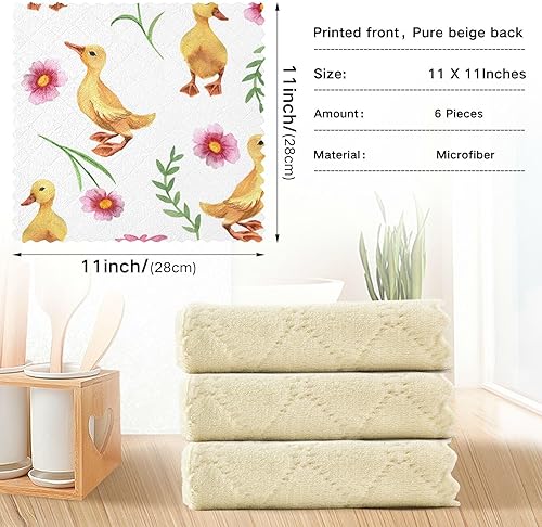 Miniatura 3 de FRODOTGV Cute Yellow Ducklings Pink Flowers Soft Decorative Microfiber Cleaning Cloths Fast Drying 6 Pack Microfiber Drying Towel Kitchen for