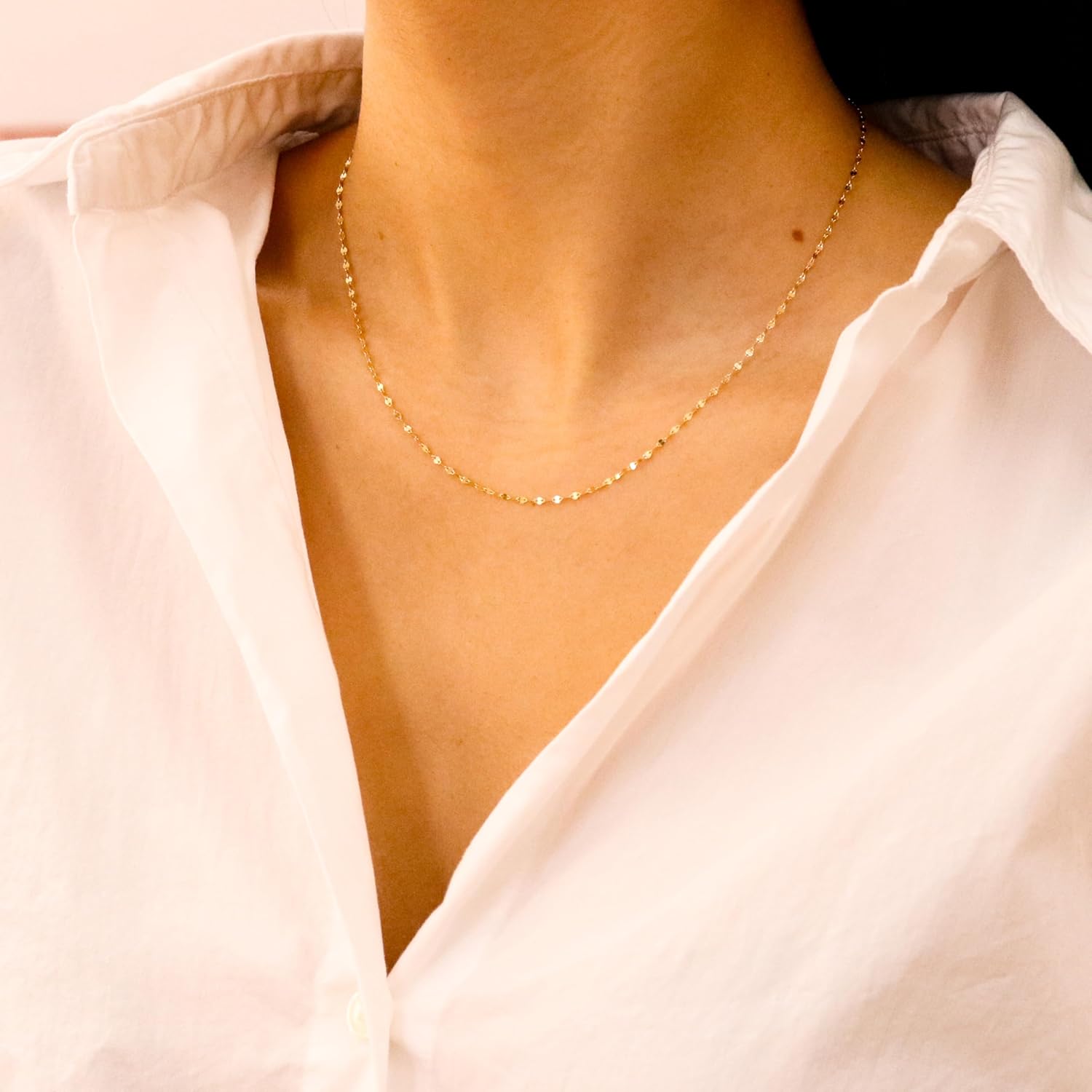 EVAYA 14K Gold Mirror Chain Necklace for Women & Men (1.5mm-2mm Width, 14-24" Length) - Cadenas de Oro Puro de 14K