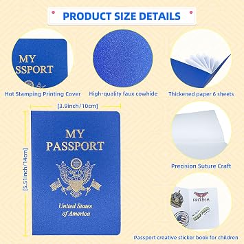 30 Pcs Blank Passport Notebook Blue Passport Book Fake Passport Travel Journal Sticker Collection Book for Kids School Projects World Travel Pretend Activity Party Favors, 5.51x3.9 Inch