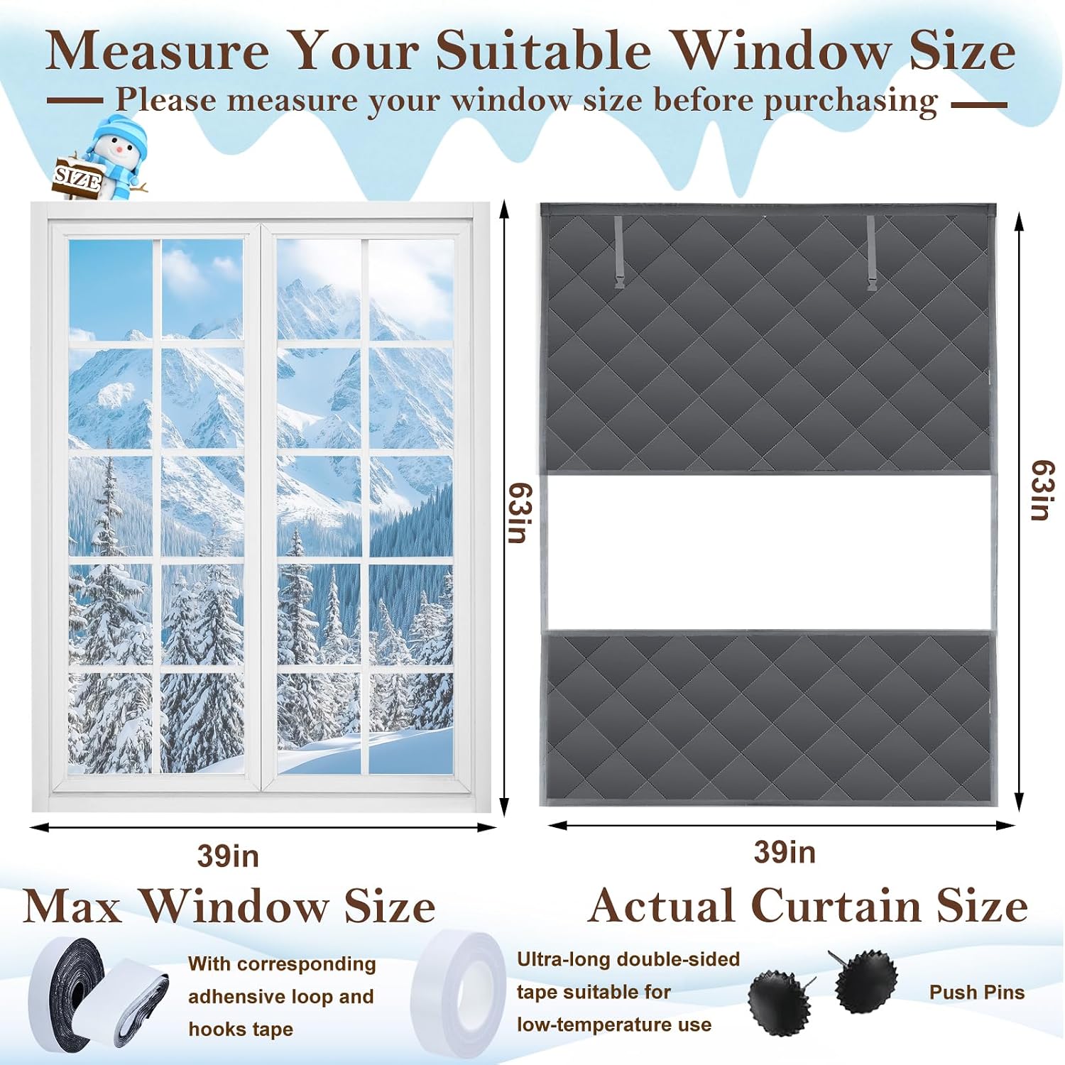 Visible Thermal Window Insulation Kit for Winter, Winterizing Insulated Window Cover Waterproof Oxford Cloth Cotton Layer Reusable Insulated Curtain Blanket Cold Protector for Home Attic RV Keep Warm