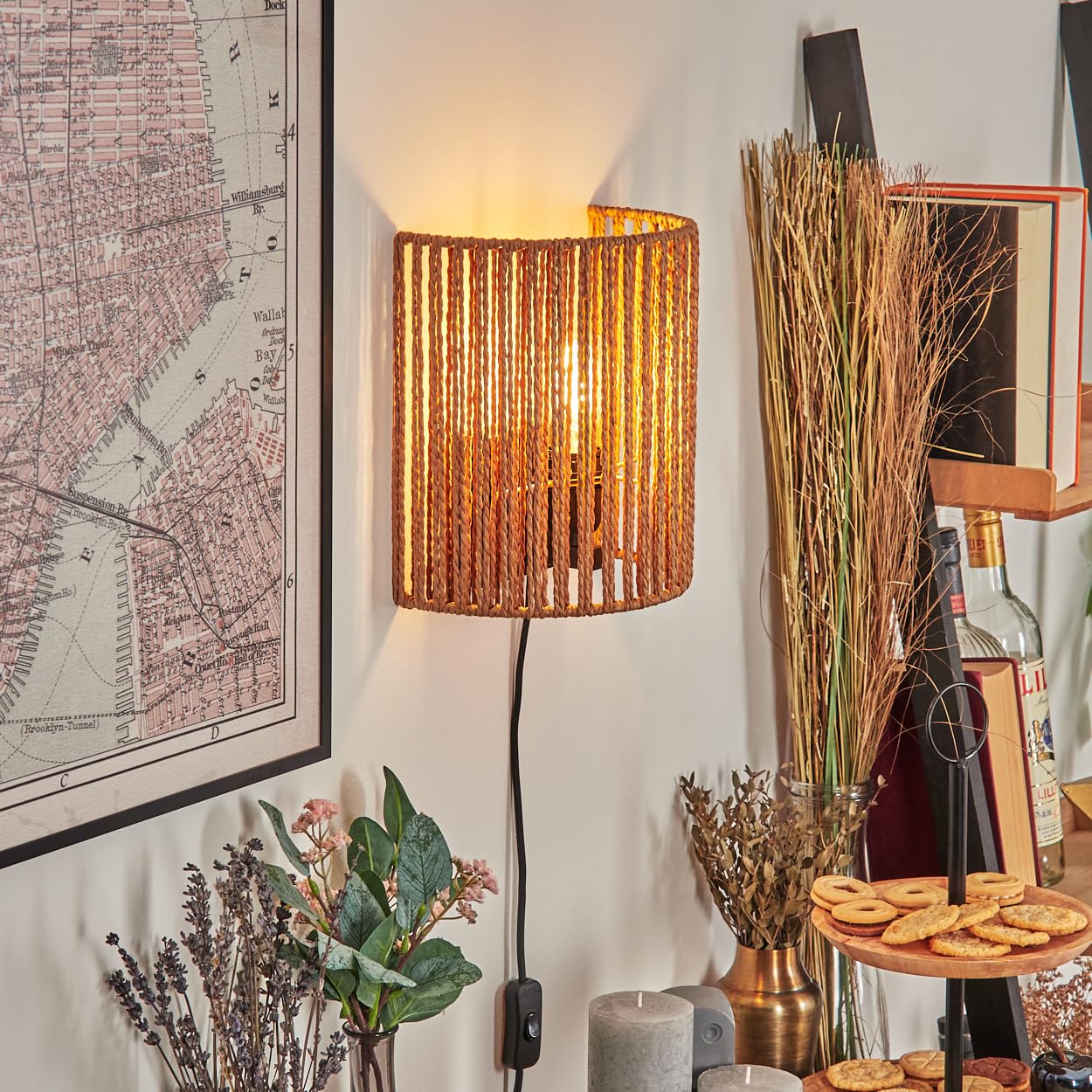 Wandleuchte Colmeal, Wandlampe aus Metall/Seil/Bast in Schwarz/Natur, Leuchte im Boho-Design, Wandleuchte mit Stecker und Schalter, abnehmbares Kabel, UP&Down Lichteffekt, 1x E27, ohne Leuchtmittel