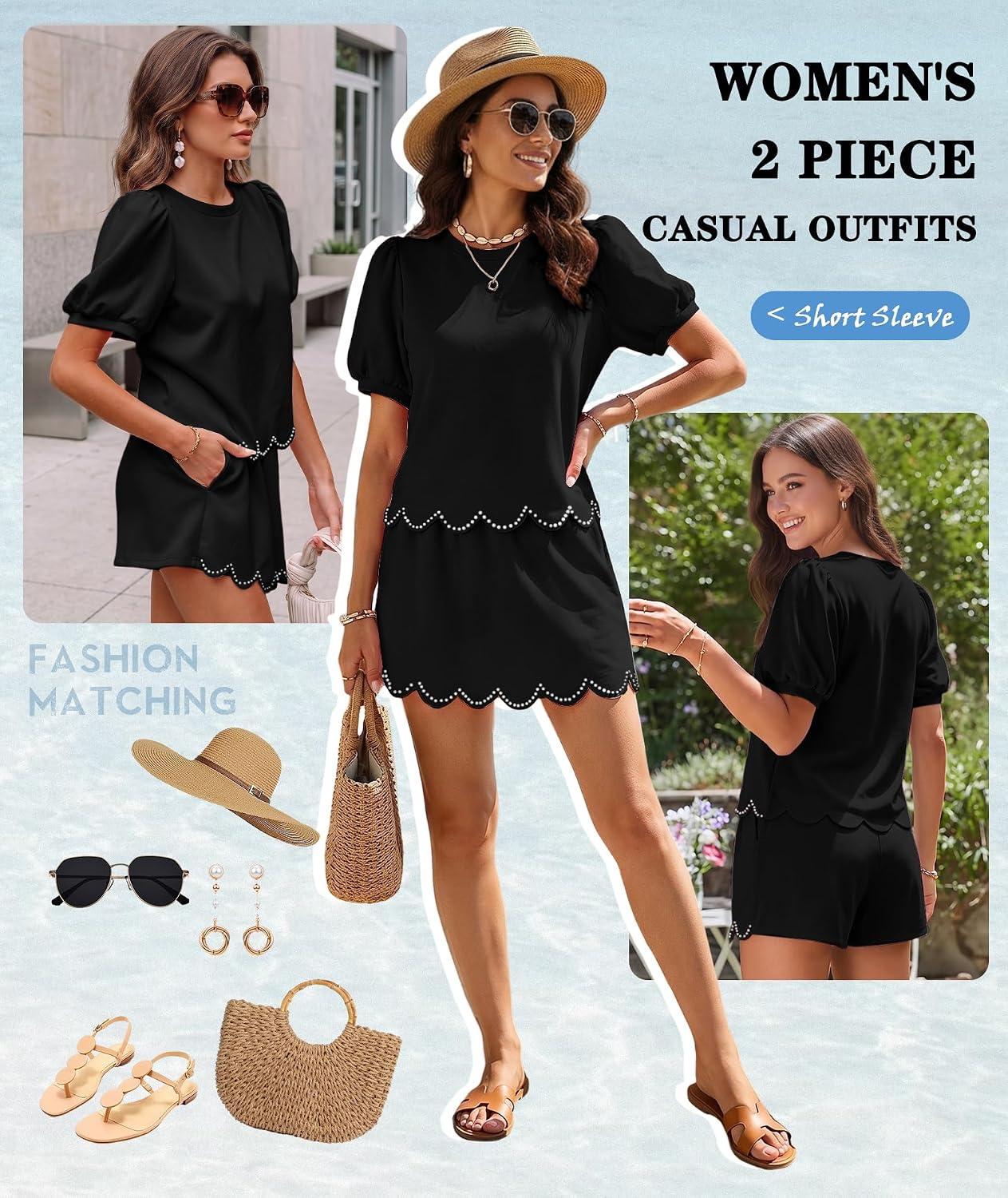 MARZXIN Womens 2 Piece Skort Set Puff Sleeve Pearl Embellished Scallop Trim Shorts Set Comfy Lounge Set Casual Summer Outfit