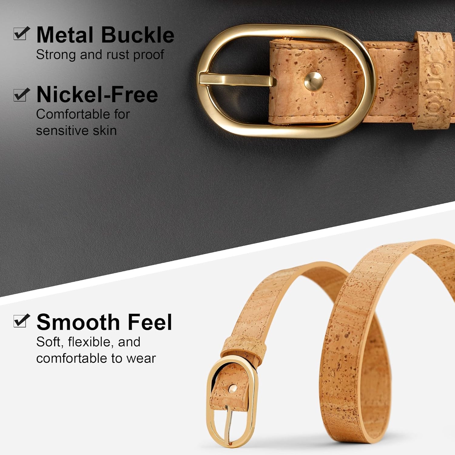 Corkor Women’s Cork Belt 1 1/8" – Brown or Black Strap with Silver or Gold Nickel-Free Buckle, Vegan, Soft