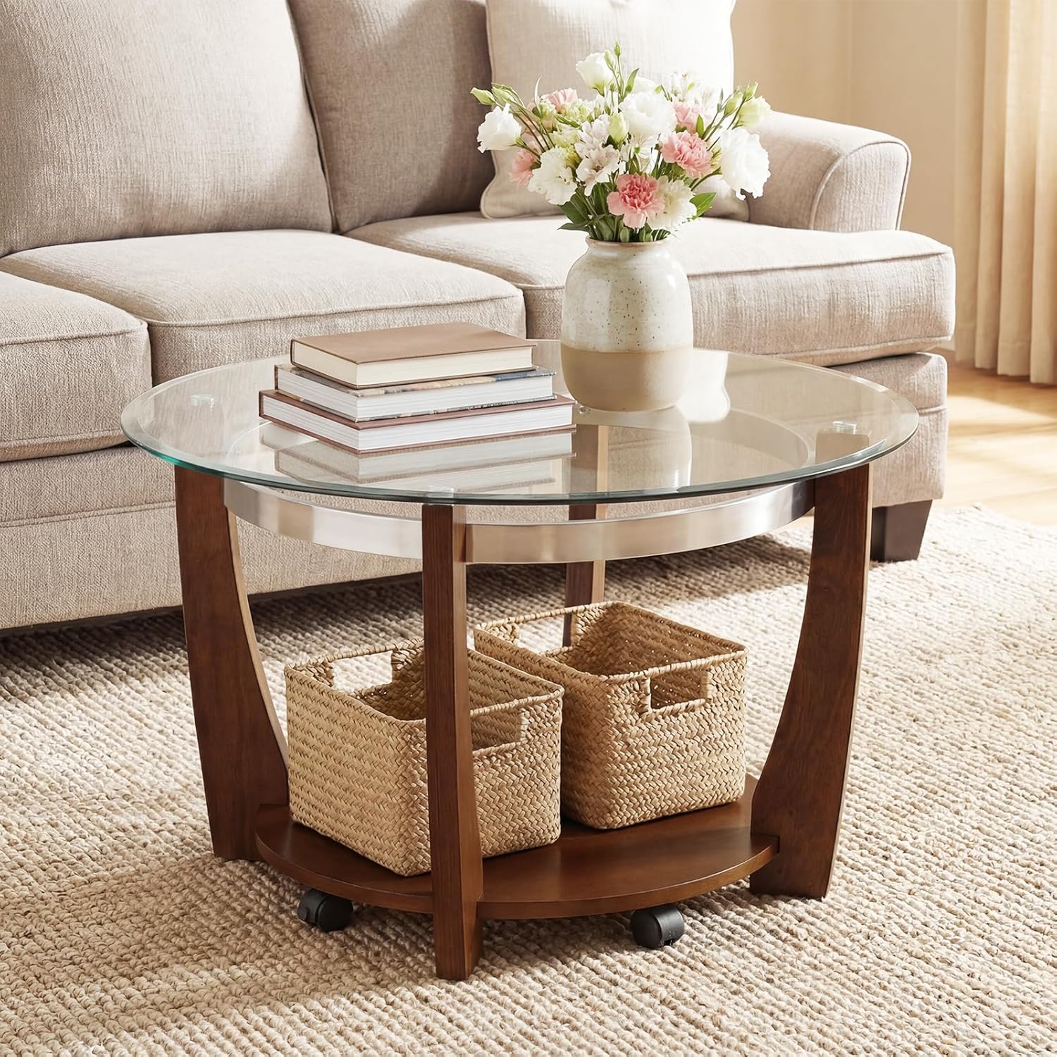 Giantex Round Glass Coffee Table, 32" Rolling Center Tables with Wheels, 2-Tier Cocktail Tea Table with Storage Shelf, Solid Rubber Wood Legs, Tempered Glass Top, Modern Living Room Tables (Walnut)