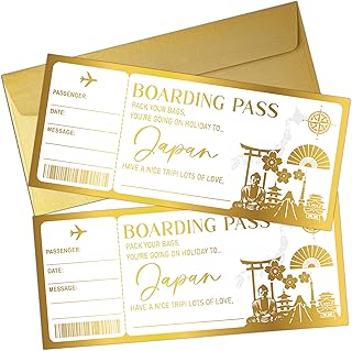 2 Set Japan Boarding Pass Card with Envelope, Golden Scratch Off Ticket, Travel Gift Cards, Surprise Gift Idea for Birthday Christmas Valentines Anniversary, Party Supply(3''x 8'')-A19