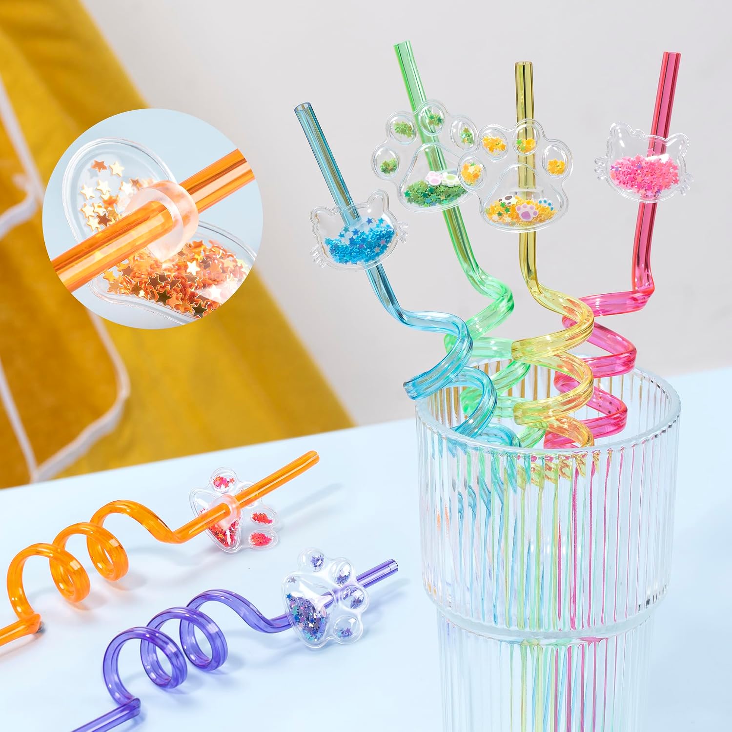 Snowfall 12 Pcs Glitter Cat Straws For Birthday Party Favors,Cute Crazy Reusable Drinking Straw, Plastic Silly Straws for Party Supplies Decorations Gift with 2 Cleaning Brushes(Cat)