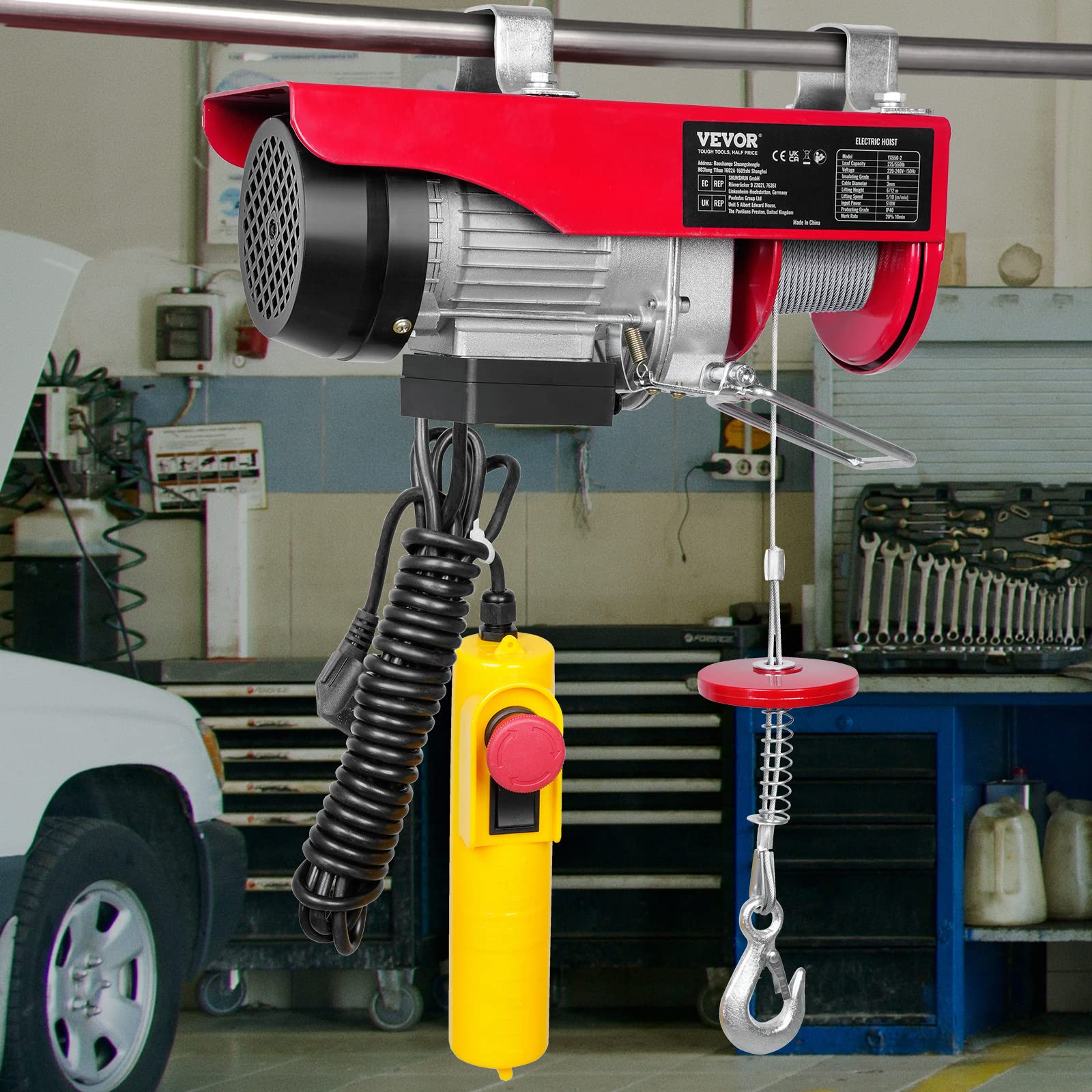 VEVOR Treuil à Câble Électrique 250 kg Palan Électrique avec Télécommande Filaire 4 m Treuil-Palan 510 W 10 m/min Hauteur de Levage Câble Simple 12 m Moteur pour Garages Entrepôts Usines
