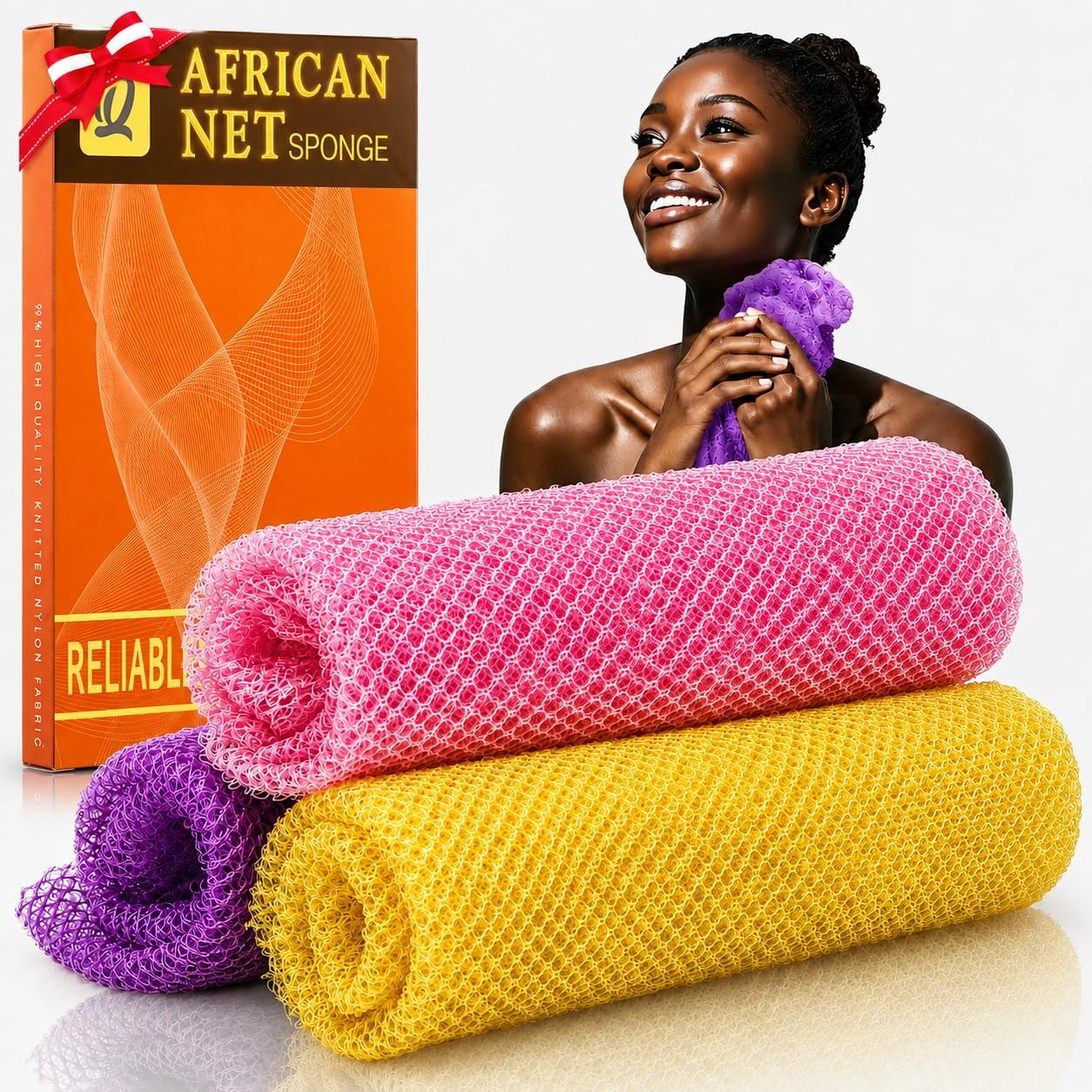 UJFQBH 3 Pack African Net Sponge, African Exfoliating Net Bath Sponge Long Net Bath Sponge Exfoliating Shower Body Scrubber Back Scrubber Skin Smoother,Great for Daily Use (Pink,Yellow,Purple)