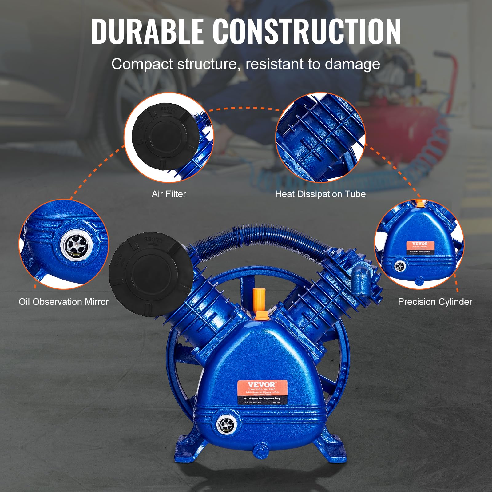 VEVOR Głowica pompy sprężarki powietrza, 5,5 HP 5,75 CFM przy 90 PSI, smarowana podwójnym cylindrem, żeliwo dwustopniowe typu V o maksymalnym ciśnieniu 185 PSI, 425 x 300 x 420 mm