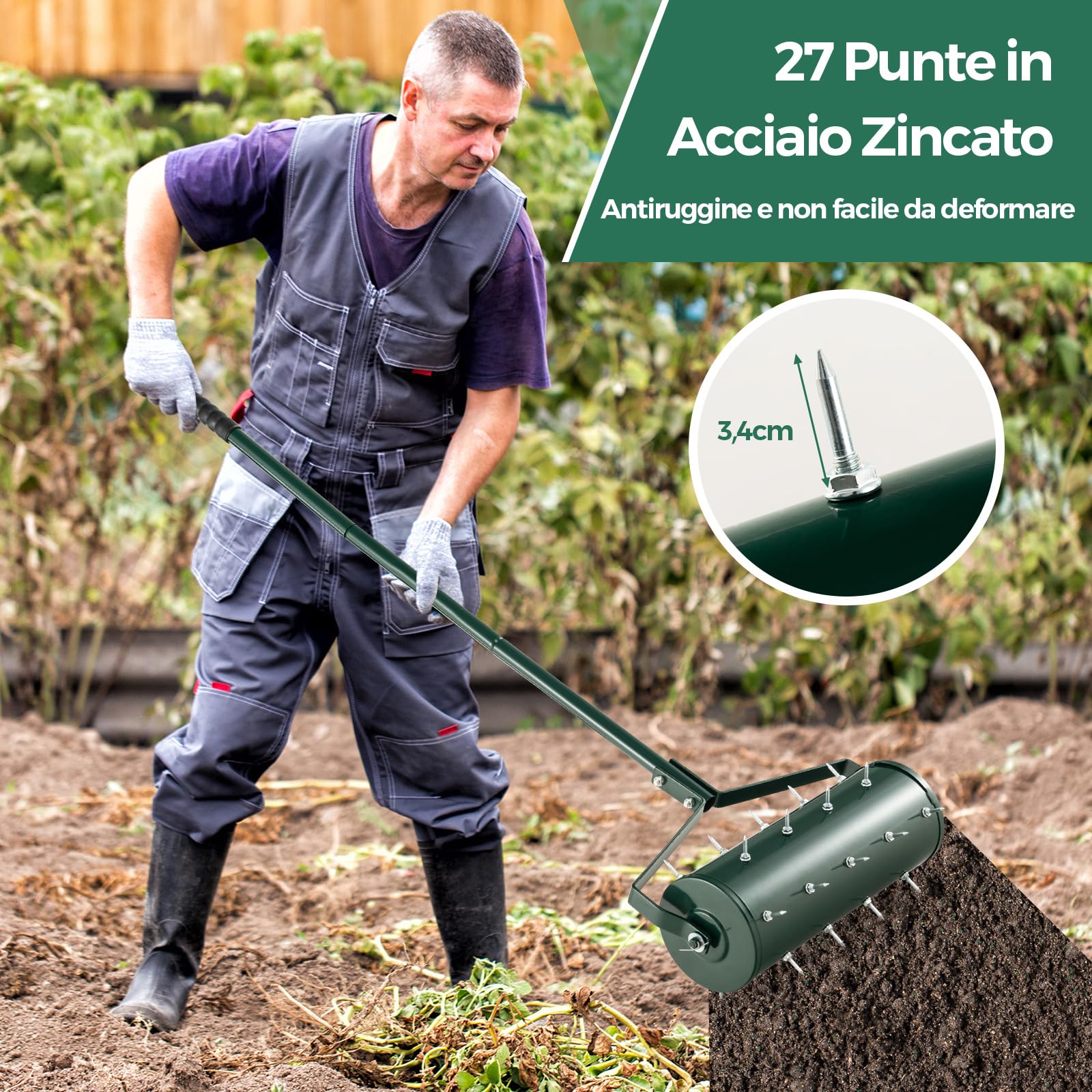 RELAX4LIFE Arieggiatore per Prato con Rullo da 44 cm / 52 cm, 27/33 Punte Antiruggine da 3,4 cm, Aeratore da Prato con Manico Lungo,Ideale per Cortili, Giardini e Prato (Larghezza: 44 cm, Verde)
