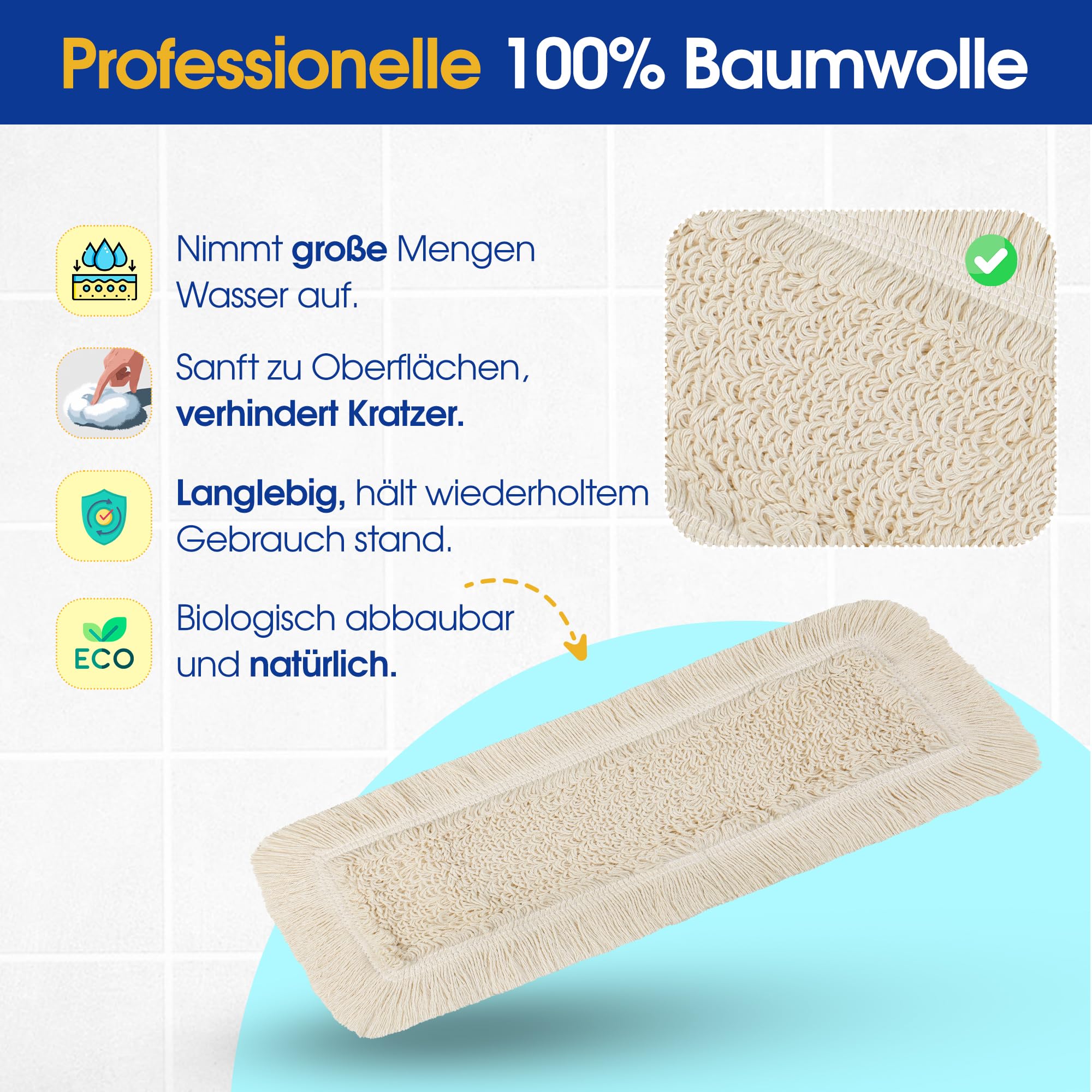 OKAEI Wischmop Set 50 cm – 10× Wischmopp‑Bezug Beige + Klapphalter & Alu‑Teleskopstiel – Bodenwischer‑Set für Trocken‑ & Nassreinigung