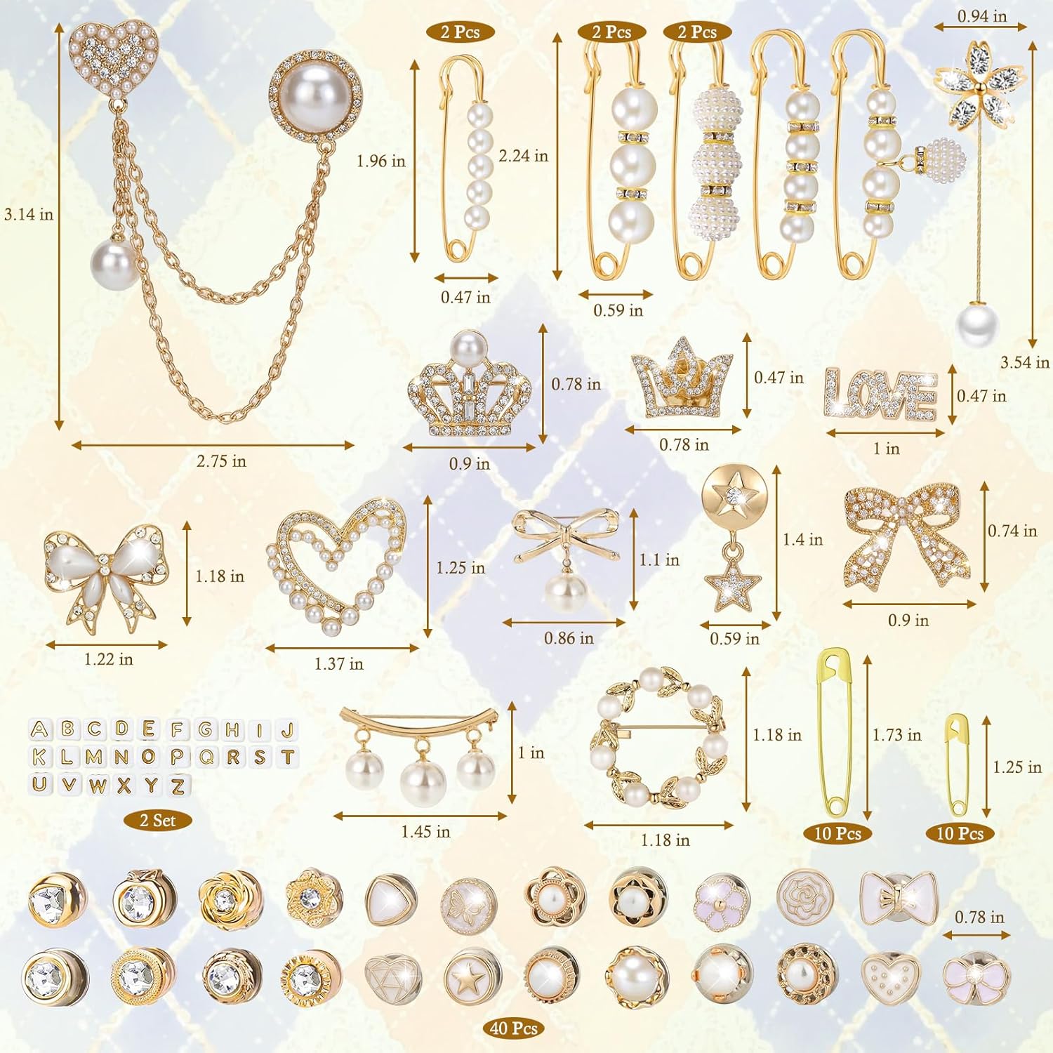 132 Pcs Junk Socks Charms Kit, Brooches and Pins for Women, Shoe Charms with Pearl Safety Pins and Brooch Buttons, Teen Girl DIY Accessories for Decorating Socks, Sneakers, Clothes (Golden)