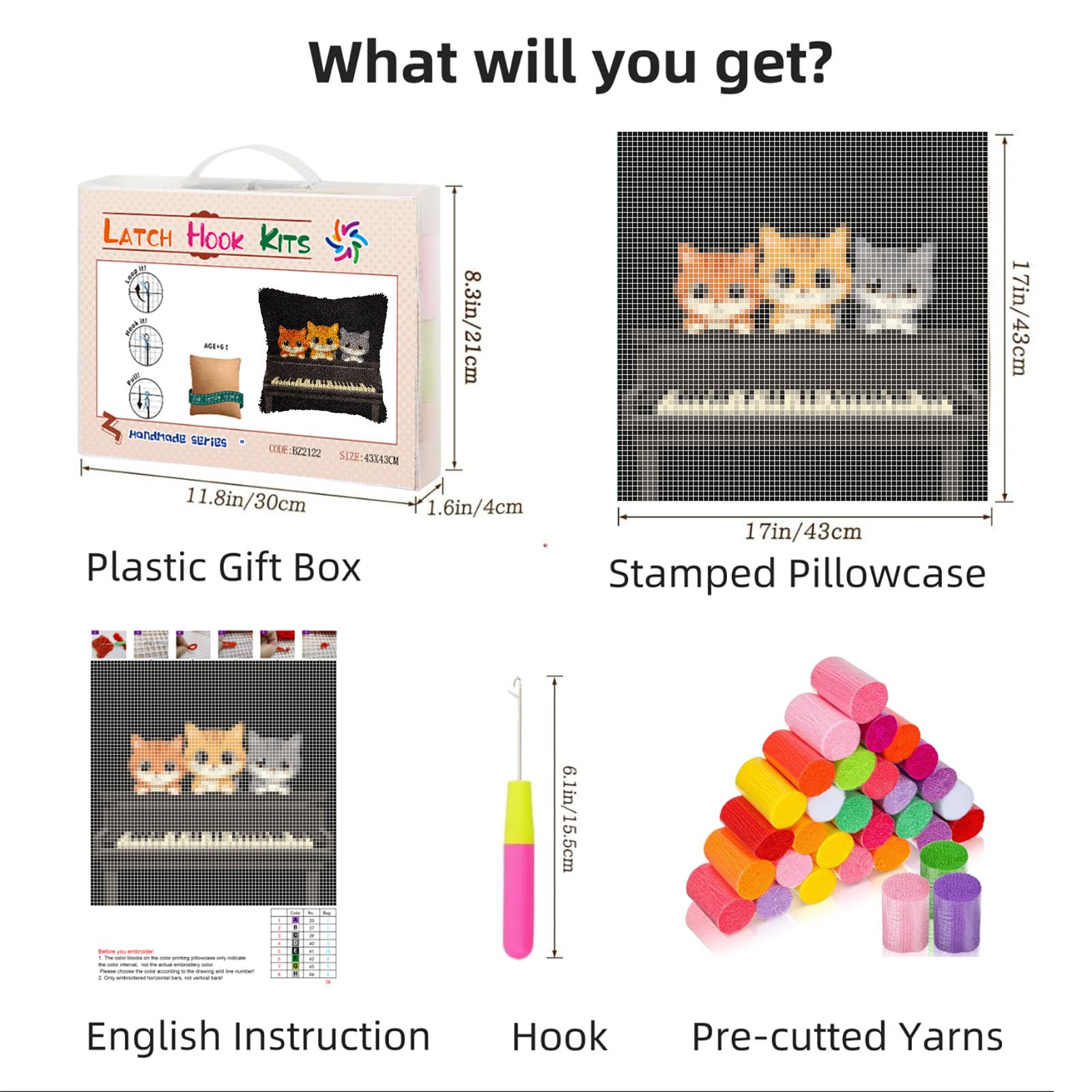 DIY Latch Hook Pillow Kits Cute Cats Playing Piano Printed Pillowcase Crochet Yarns Hooking Handmade Pillow Cover Cushion for Home Sofa Decoration 17x17inch-2