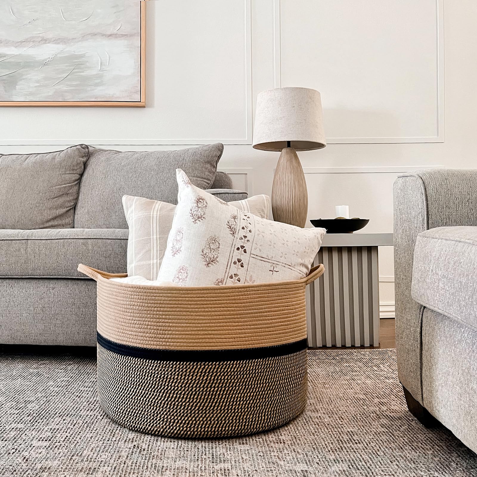 CHICVITA XXL kosz na koce, pleciony kosz na koce, z uchwytami, kosz dekoracyjny na ubrania, 56 x 56 x 36 cm, czarny