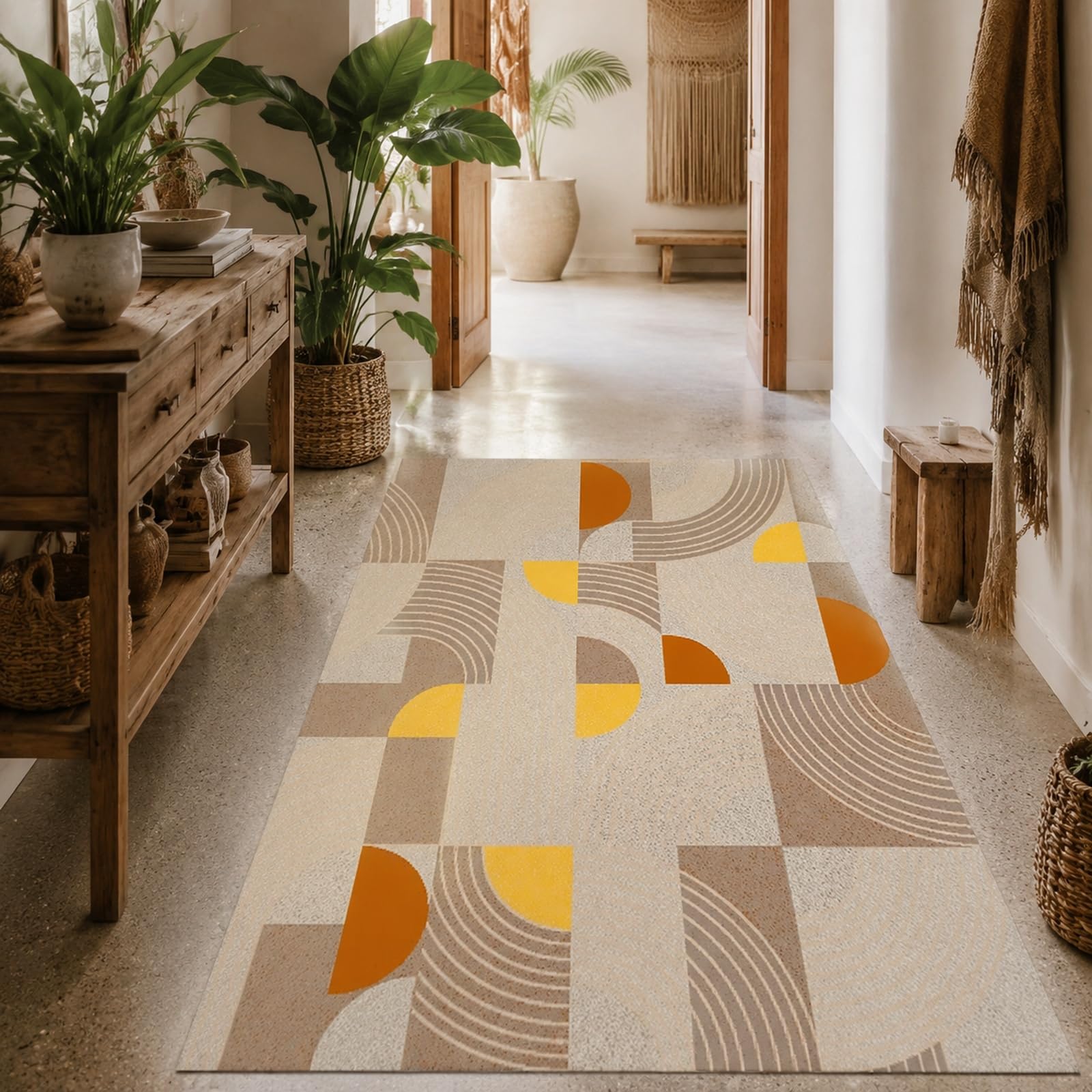 Tapis de salon géométrique beige 120x160 cm à poils courts pour chambre moderne