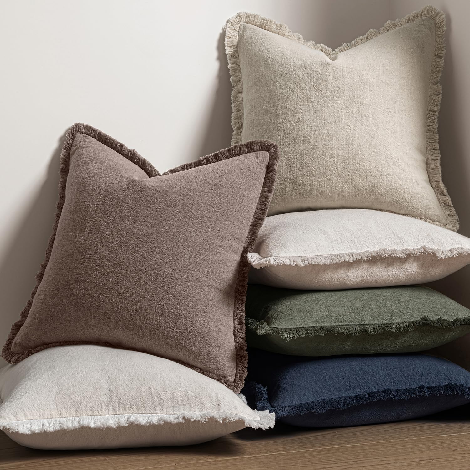 MIULEE Decorative Throw Pillow Covers Neutral Linen Fringe Throw Pillows Set of 2 Malt Ball Boho Farmhouse Cushion Covers with Tassels for Couch Sofa Bed Living Room Spring Decor 18x18 Inch thumbnail