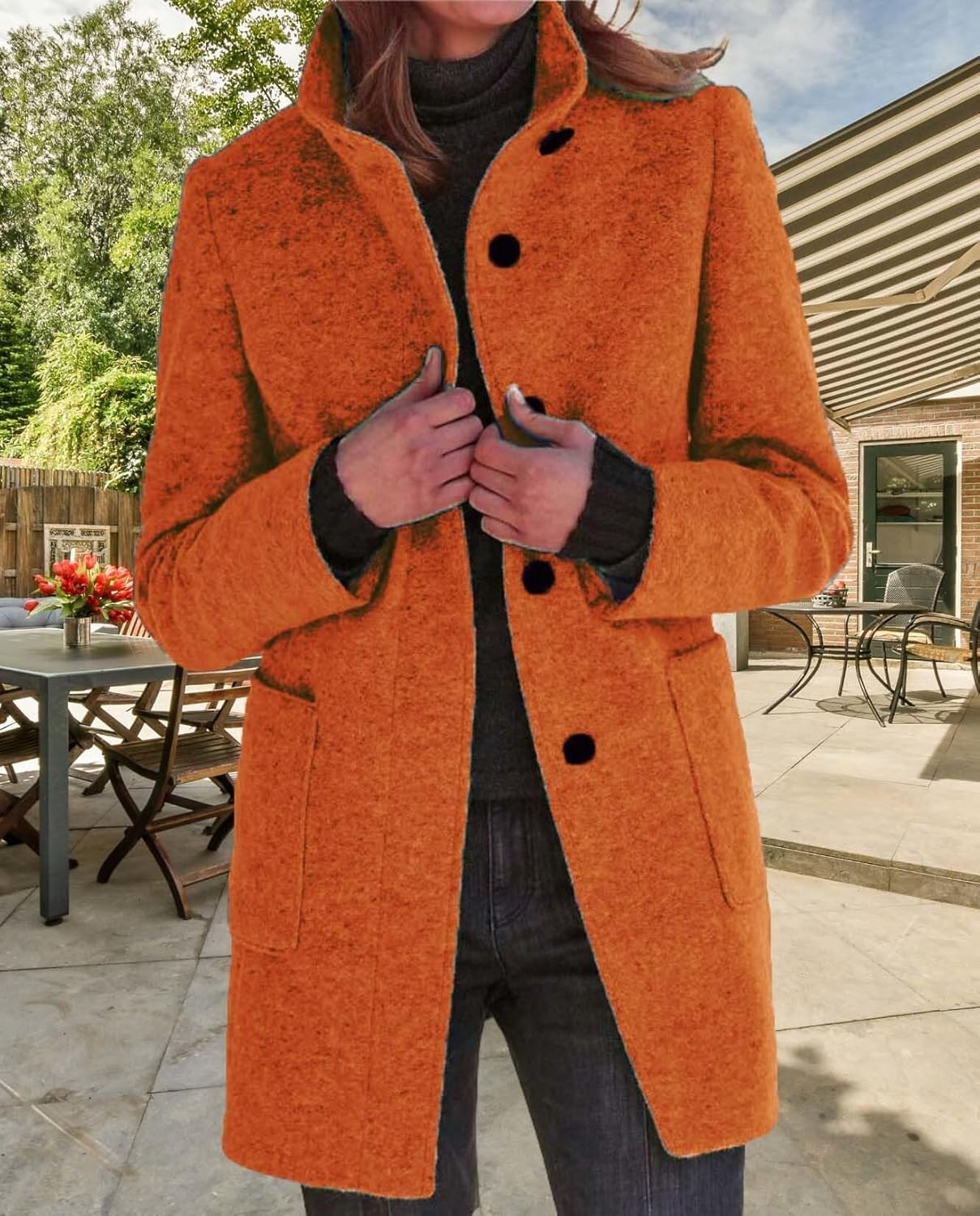 Womens Winter Long Vintage Solid Color Coat Wool Blend Standing Collar Button Thickened Jacket - Image 2