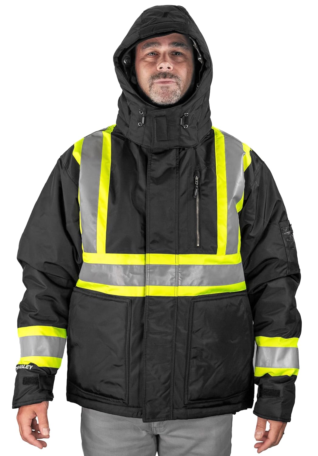 Tingley J28123C Cold Gear Men's Insulated Jacket with Detachable Hood, High Visibility, Heat Retention, Water Repellent Work Coat, Type O Class 1 ANSI, Large, Black/Fluorescent Yellow-Green