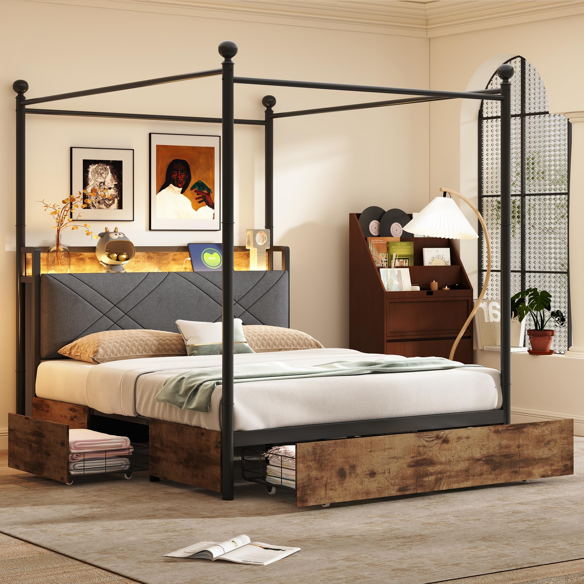 Lit double 140 x 190 cm noir – Lit en métal, lit avec espace de rangement, 3 tiroirs, baldaquin, lit à baldaquin, LED, USB, adultes et adolescents, charge maximale de 220 kg