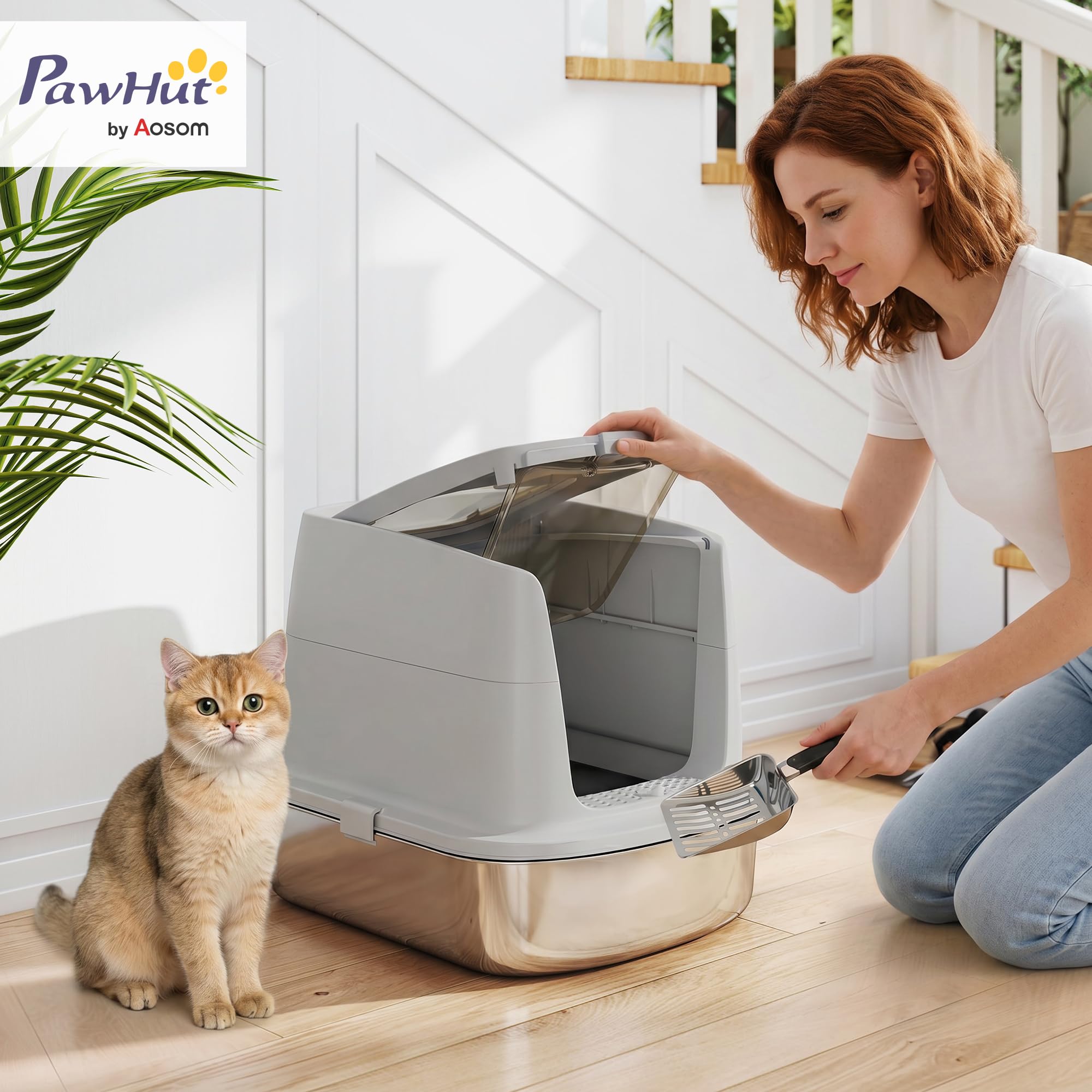 PawHut Lettiera per Gatti Chiusa Acciaio Inox con Pareti Alte Grigio Chiaro | Ribaltabile, Toilette per Gatti, Doppia Porta, Paletta, Antiperdita, Antiodore, Facile da Pulire, 52.4x41.3x39.8 cm