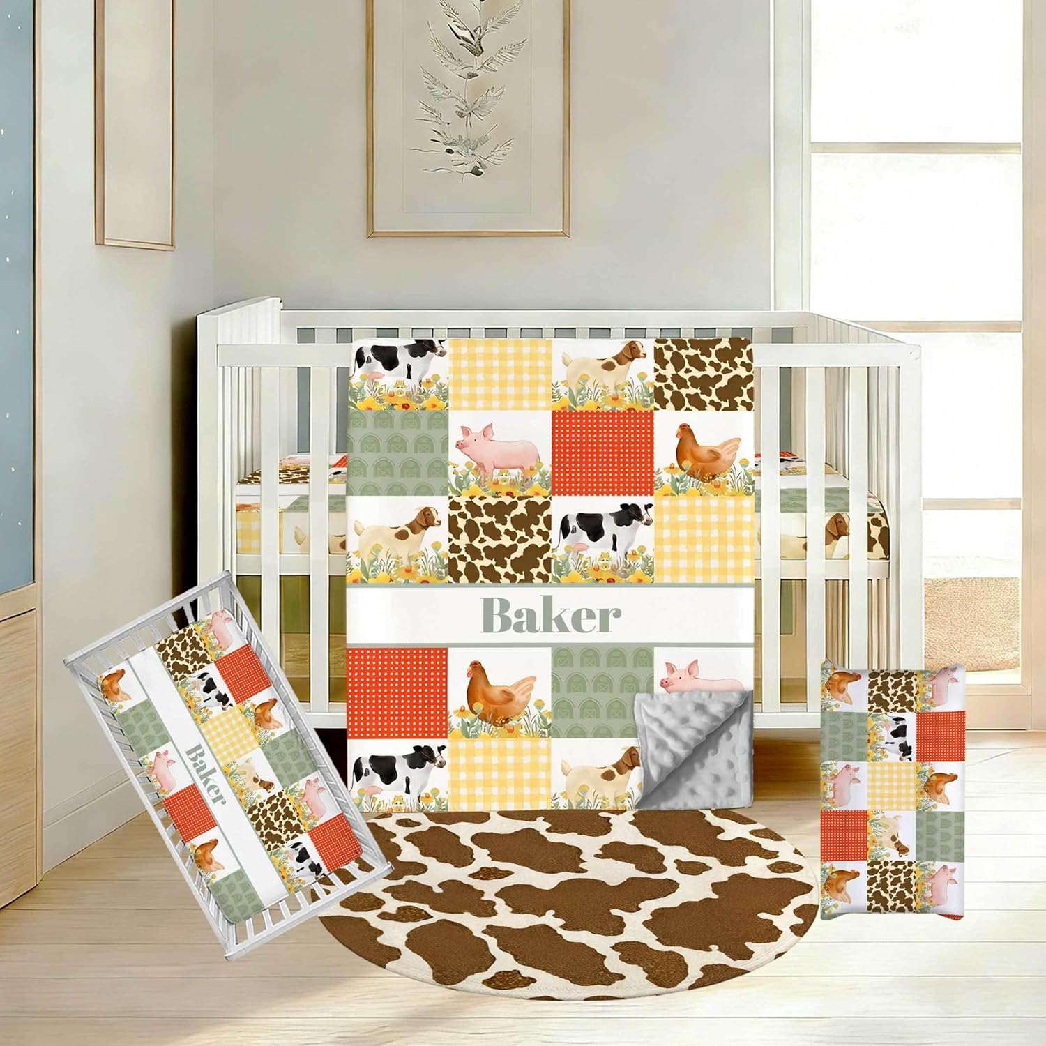 Personalized Baby Boy Crib Bedding Set with Name – Custom 3 Piece Nursery Bedding with Dotted Minky Blanket, Fitted Crib Sheet and Changing Pad Cover, Farm Animals Theme for Newborns and Toddlers