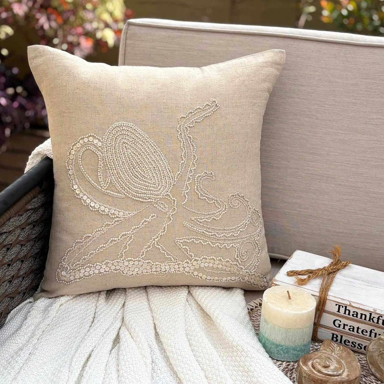 The HomeCentric Decorative Natural Beige Euro Sham Covers 26x26 inch (65x65 cm), Linen Euro Pillow Shams, Sea Creatures, Octopus, Mother of Pearl, Beach Style Euro Size Pillow Covers - Octopus