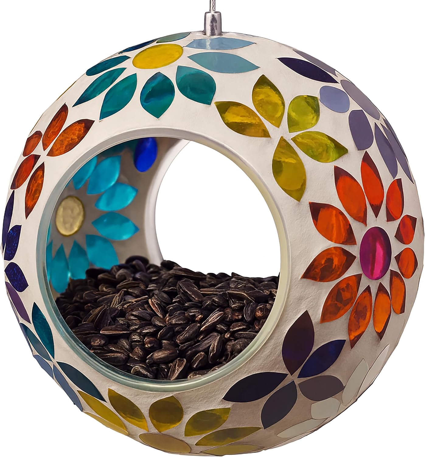Backyard Expressions Hanging Glass Bird Feeder - Multicolor - Fly Through Bird Feeders for Outside, Mosaic Bird Feeder, Round Shape Wild Birdfeeder