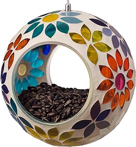 Backyard Expressions Hanging Glass Bird Feeder - Multicolor - Fly Through Bird Feeders for Outside, Mosaic Bird Feeder, Round Shape Wild Birdfeeder